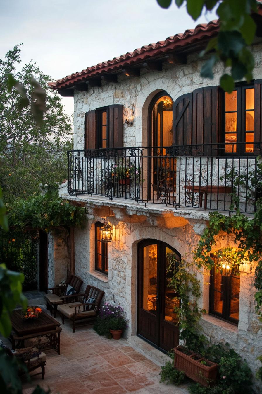 Charming stone cottage with a balcony and warm lights