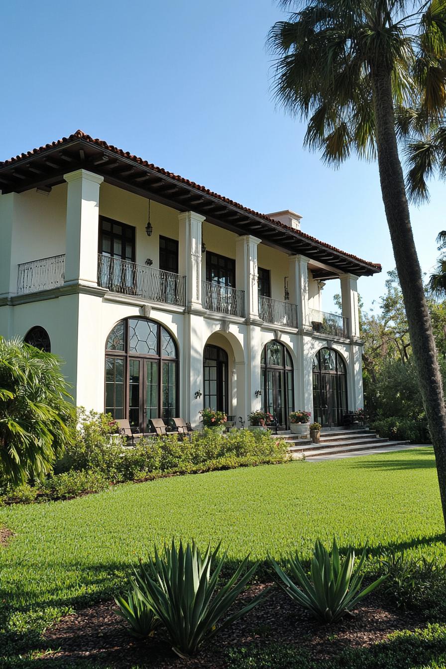 Two-story colonial house with arches and lush garden