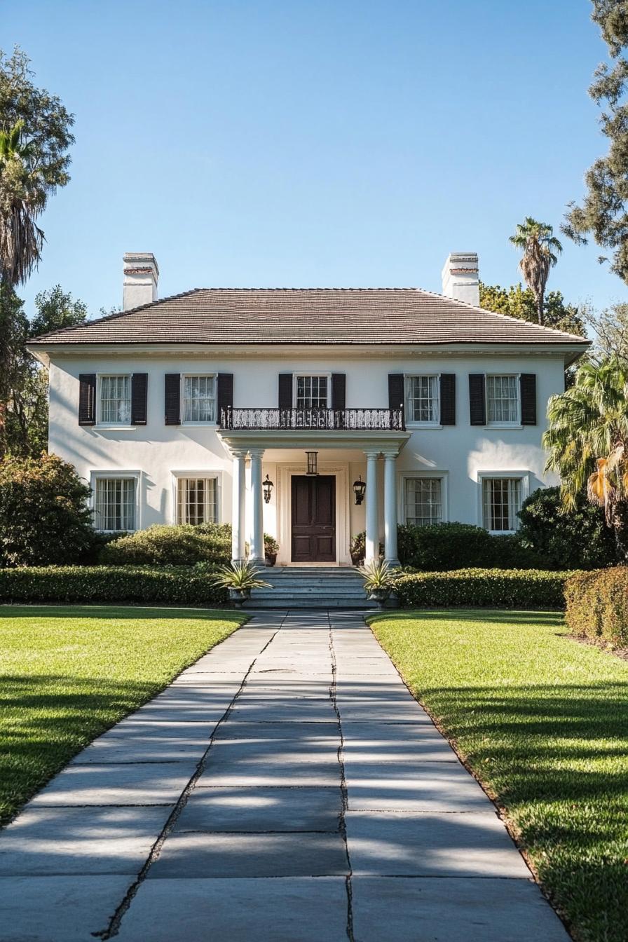 Colonial-style house with lush lawn and palm trees