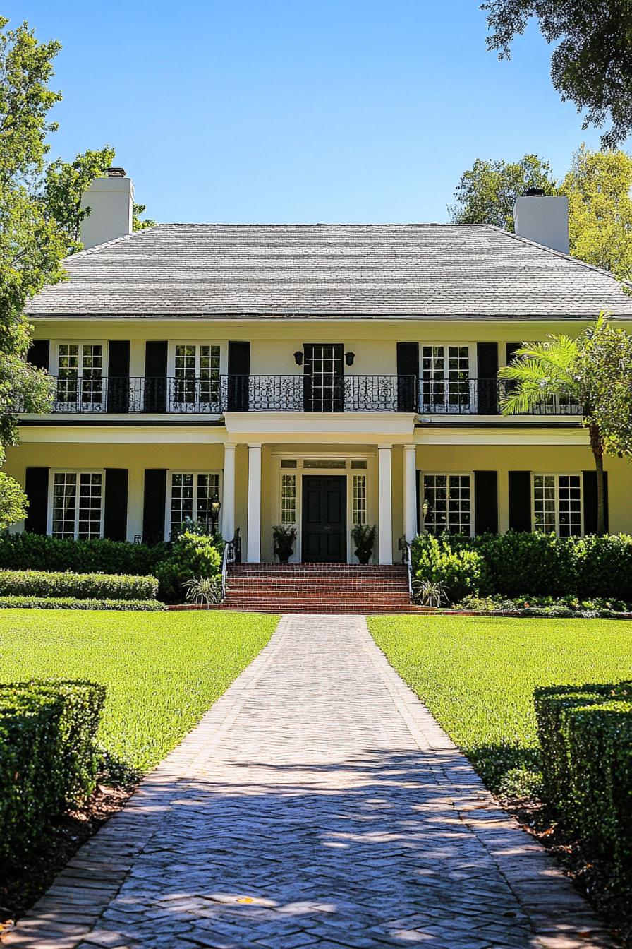 Colonial-style house with a brick pathway and lush greenery