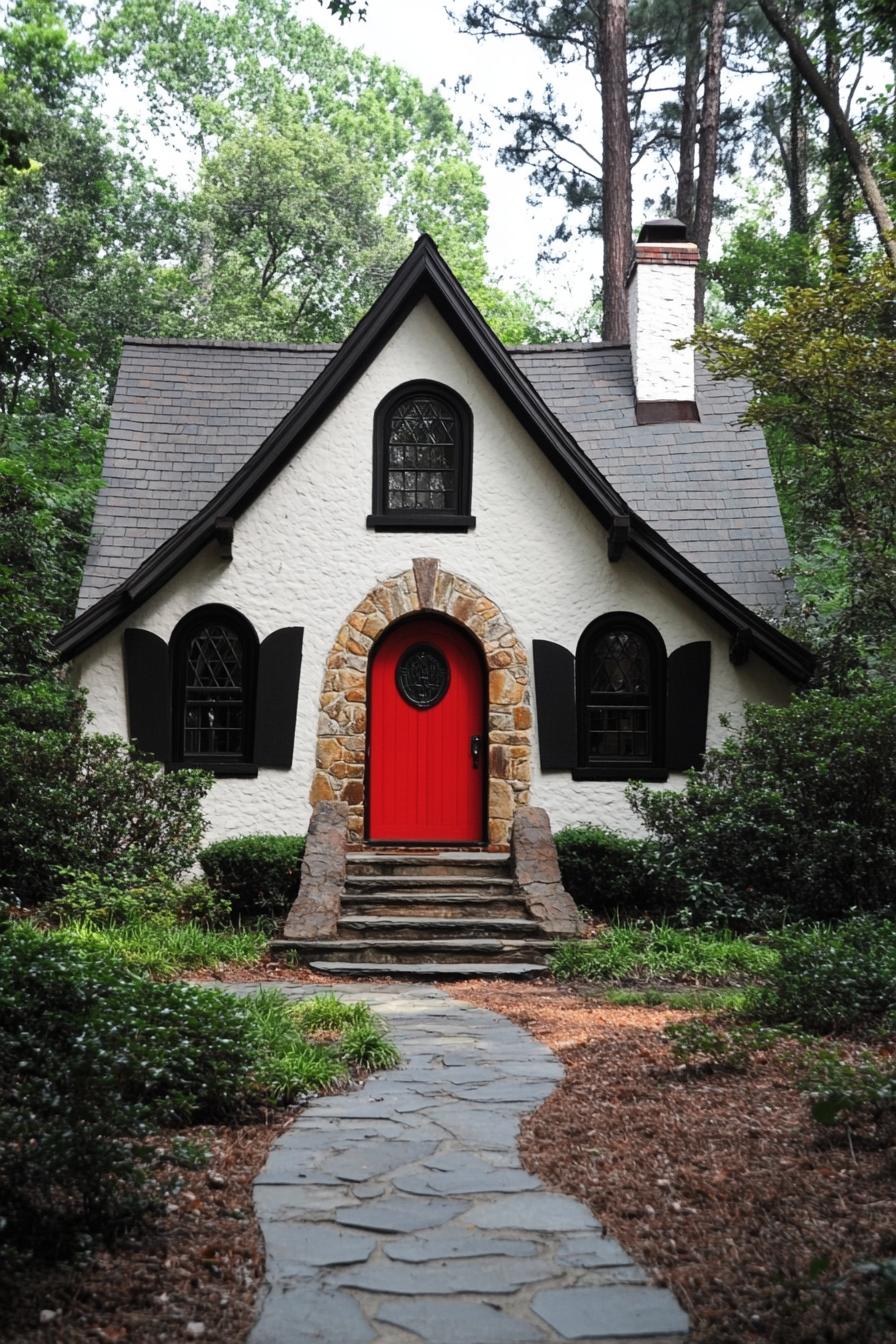 Small house with a steep roof, red door, and lush surroundings