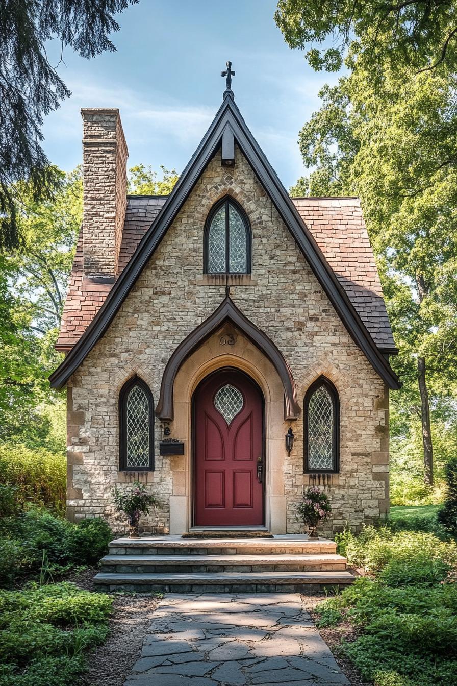 Charming stone cottage with a red door set amidst lush greenery