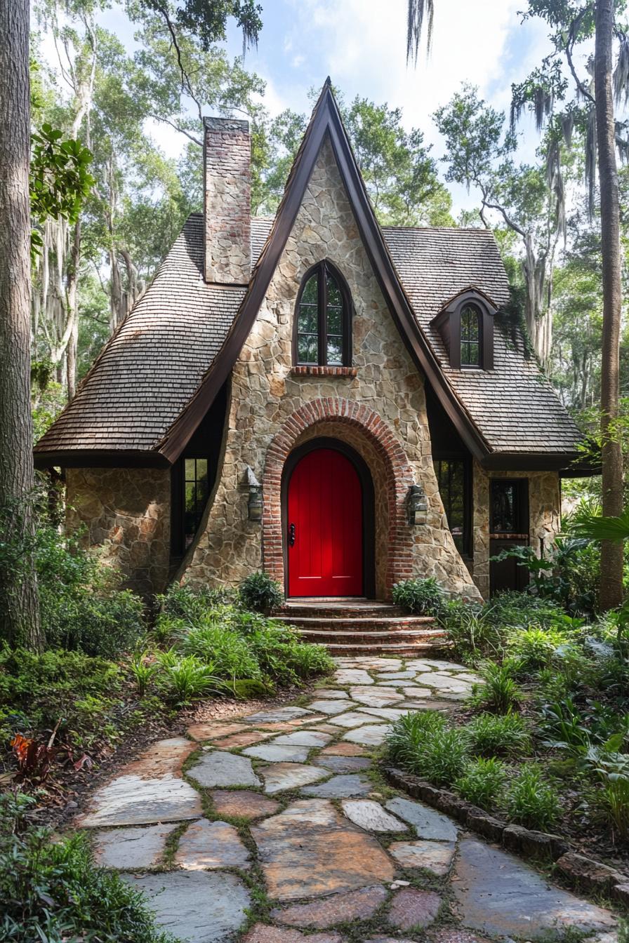 Stone cottage with red door and steep roof surrounded by trees