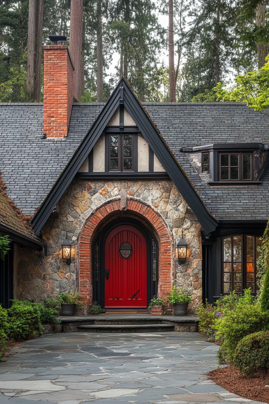 Tudor-style house with a striking red door