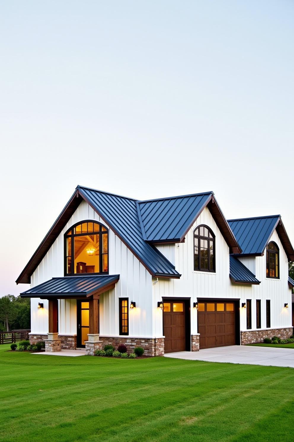 White house with metal roof and landscape