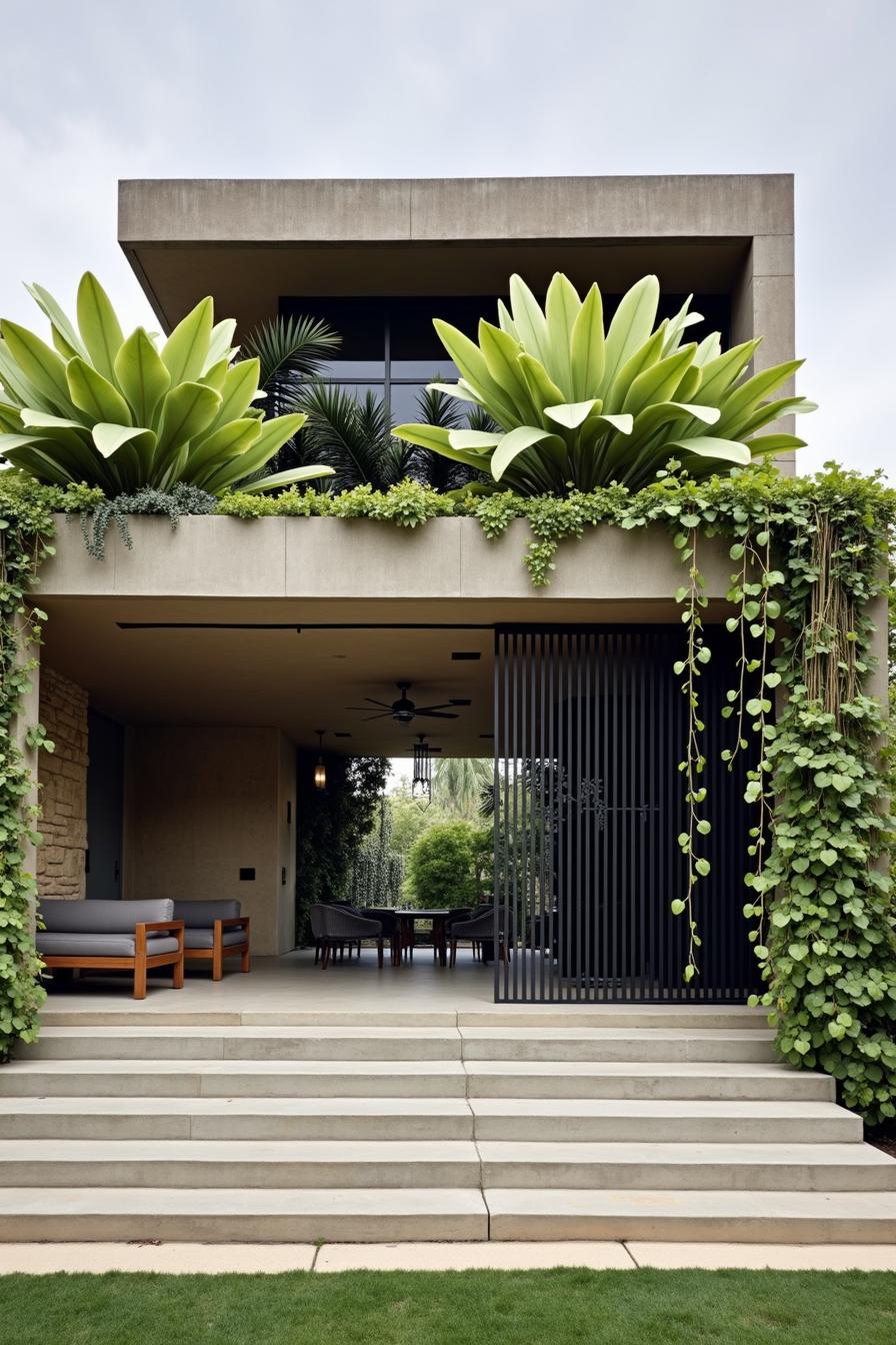 Brutalist house with lush plants and a modern design