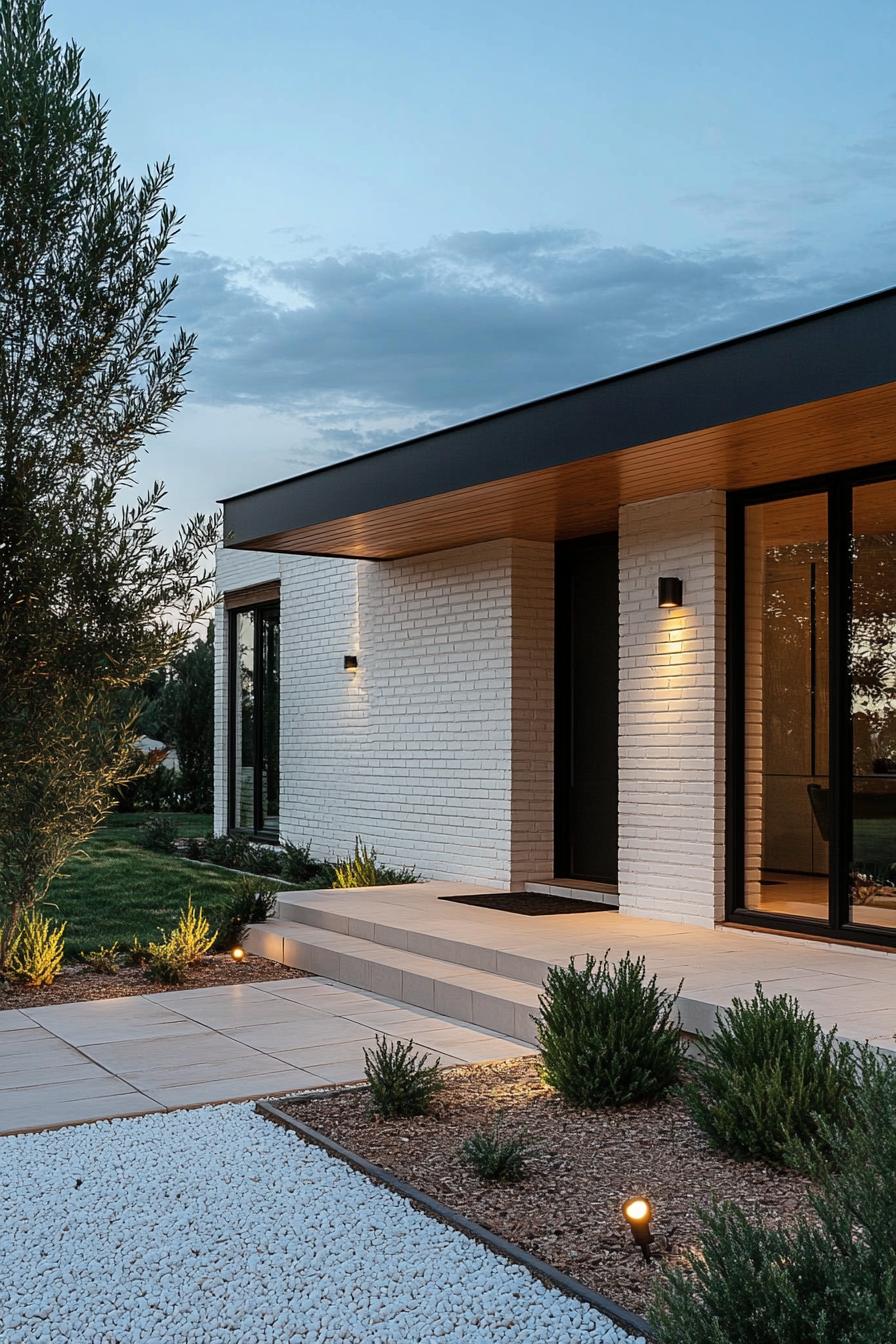 Sleek, minimalistic bungalow with cozy evening lighting