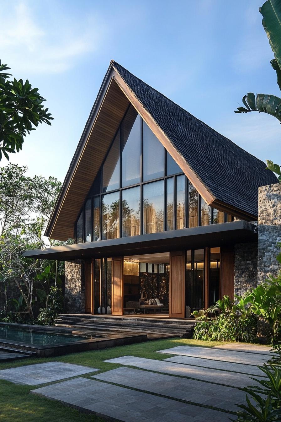 A-frame house with glass front and lush surroundings