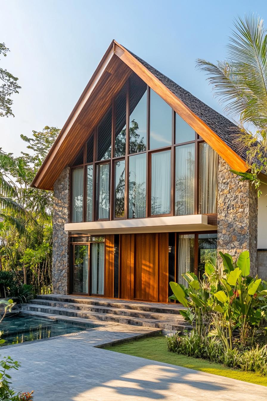 A-frame house with stone walls and lush greenery