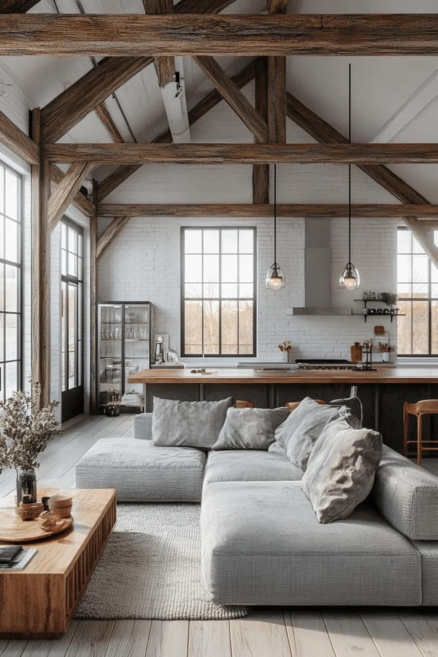 Sunlit barndominium loft with rustic beams