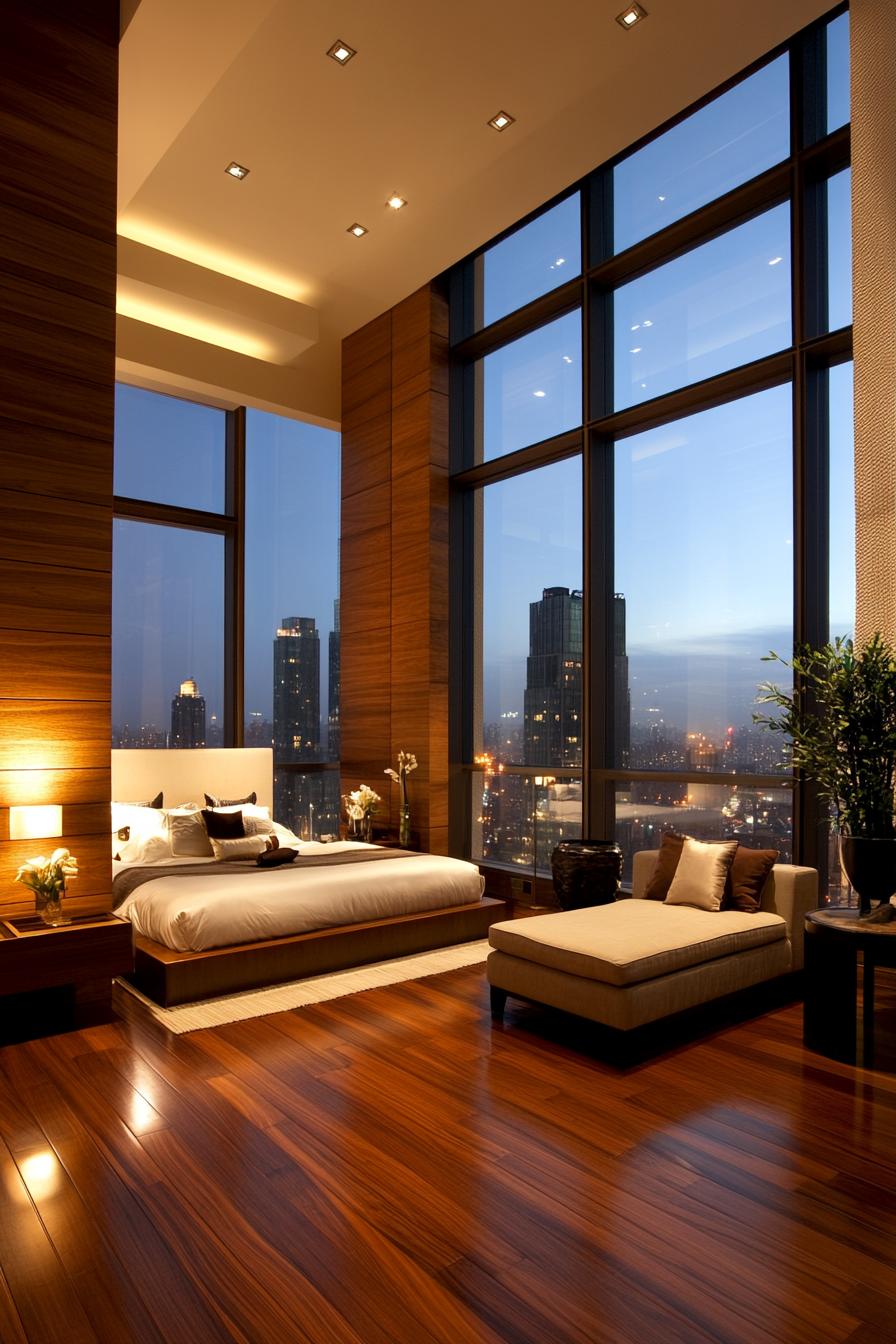 Luxurious bedroom with floor-to-ceiling windows and skyline view