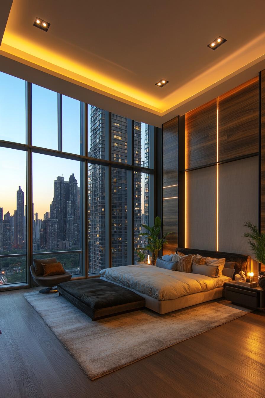 Bedroom with a view of city skyscrapers at sunset