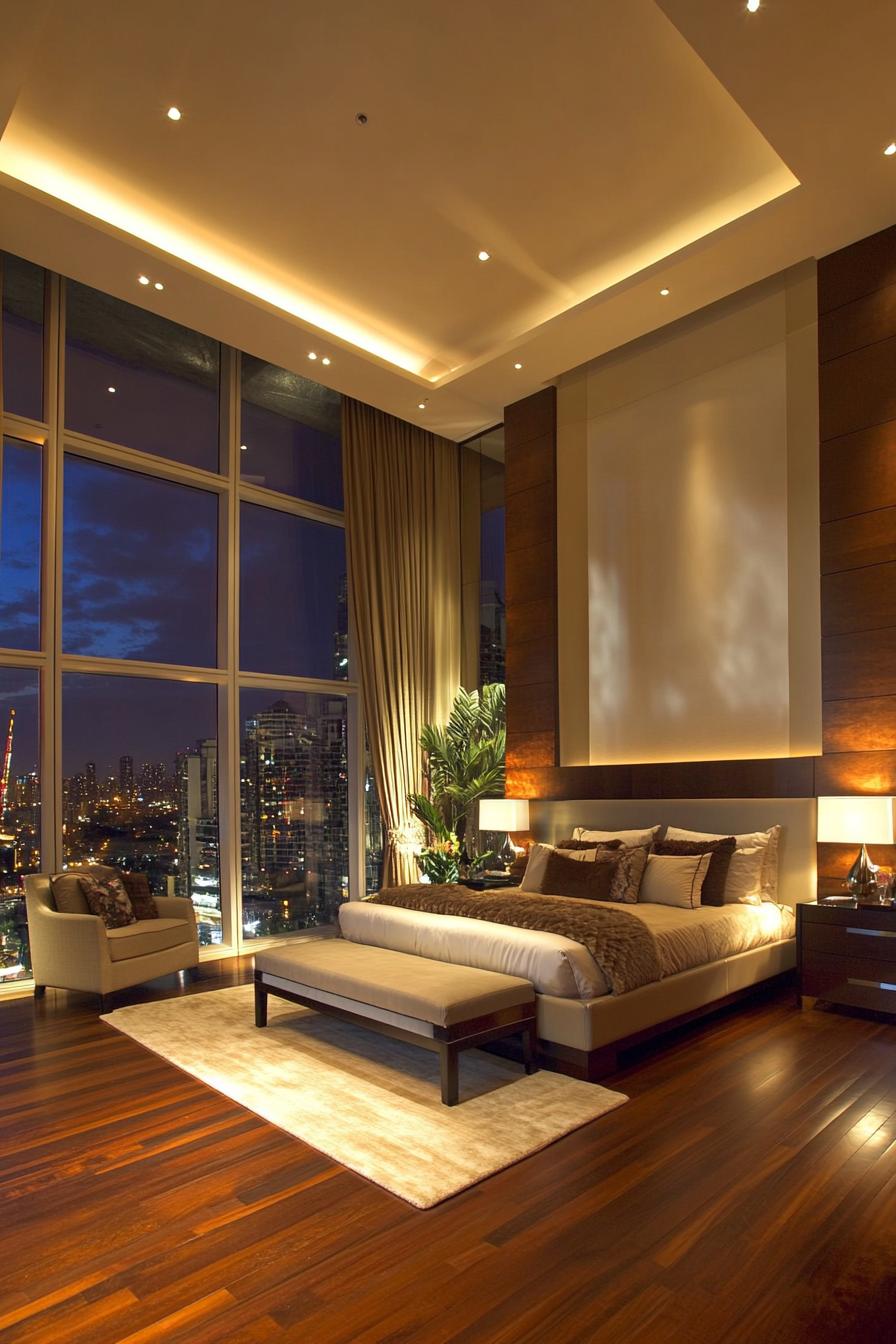 Luxurious bedroom with city skyline view