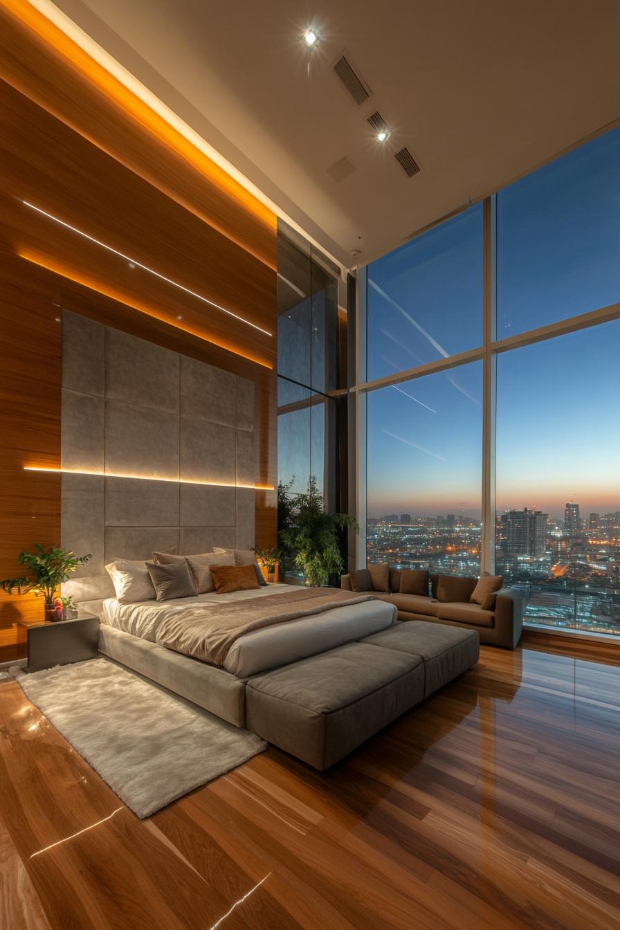 Luxurious bedroom with cityscape views