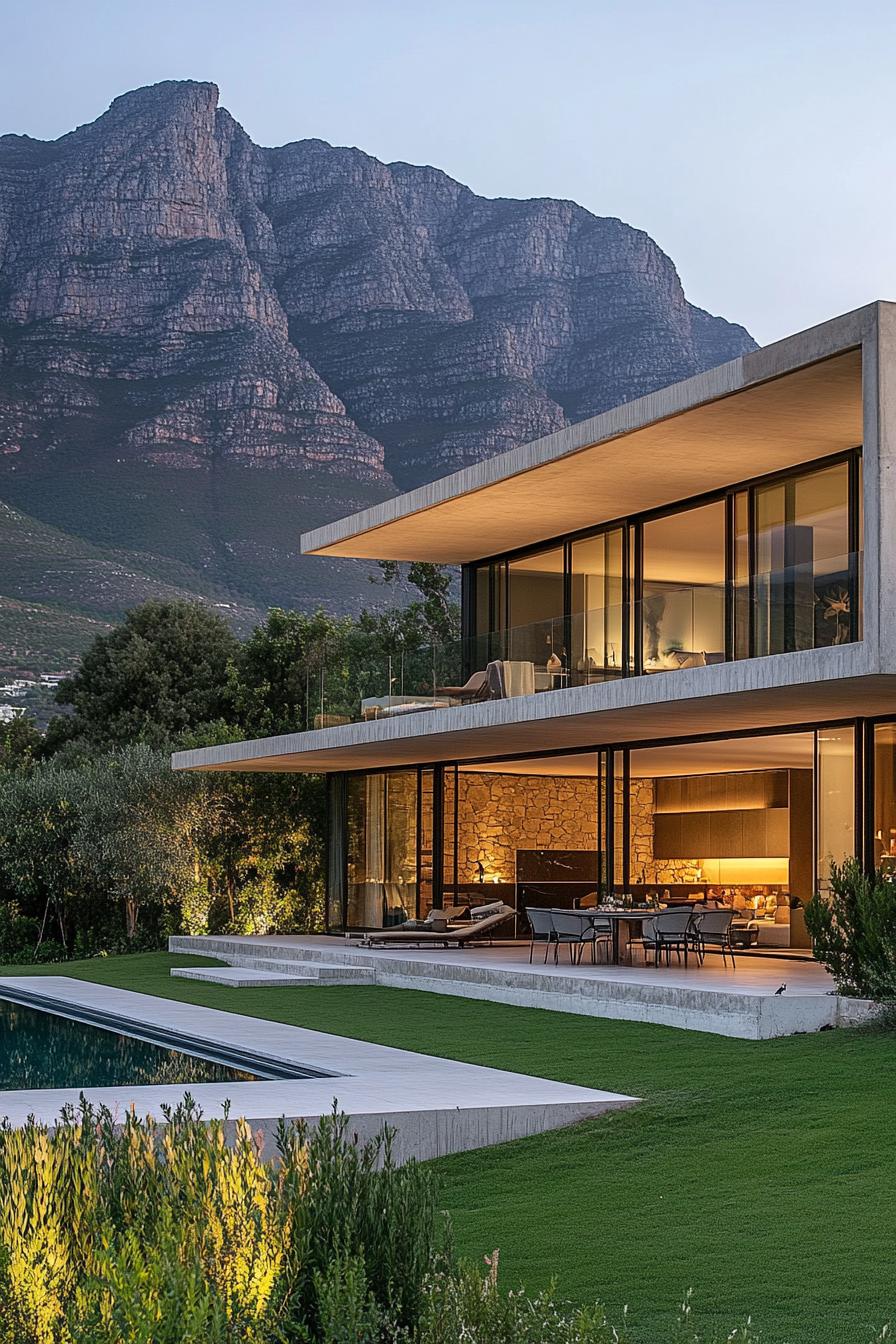 Luxurious home with glass walls and mountain backdrop