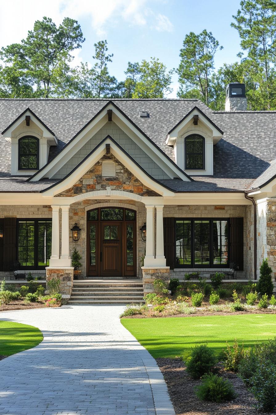 Stone cottage with ornate entrance and lush surroundings