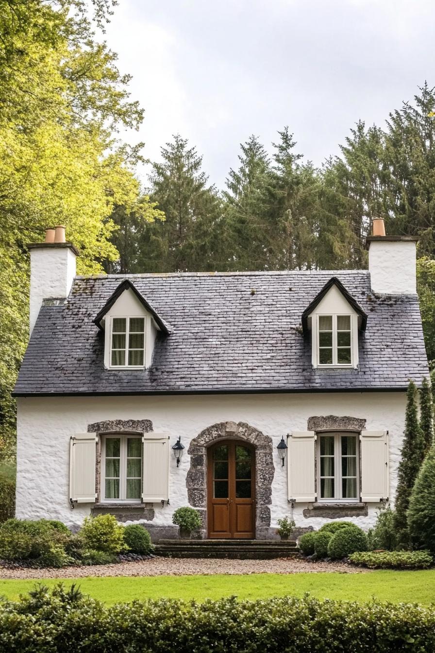 White cottage with slate roof and shutters surrounded by greenery