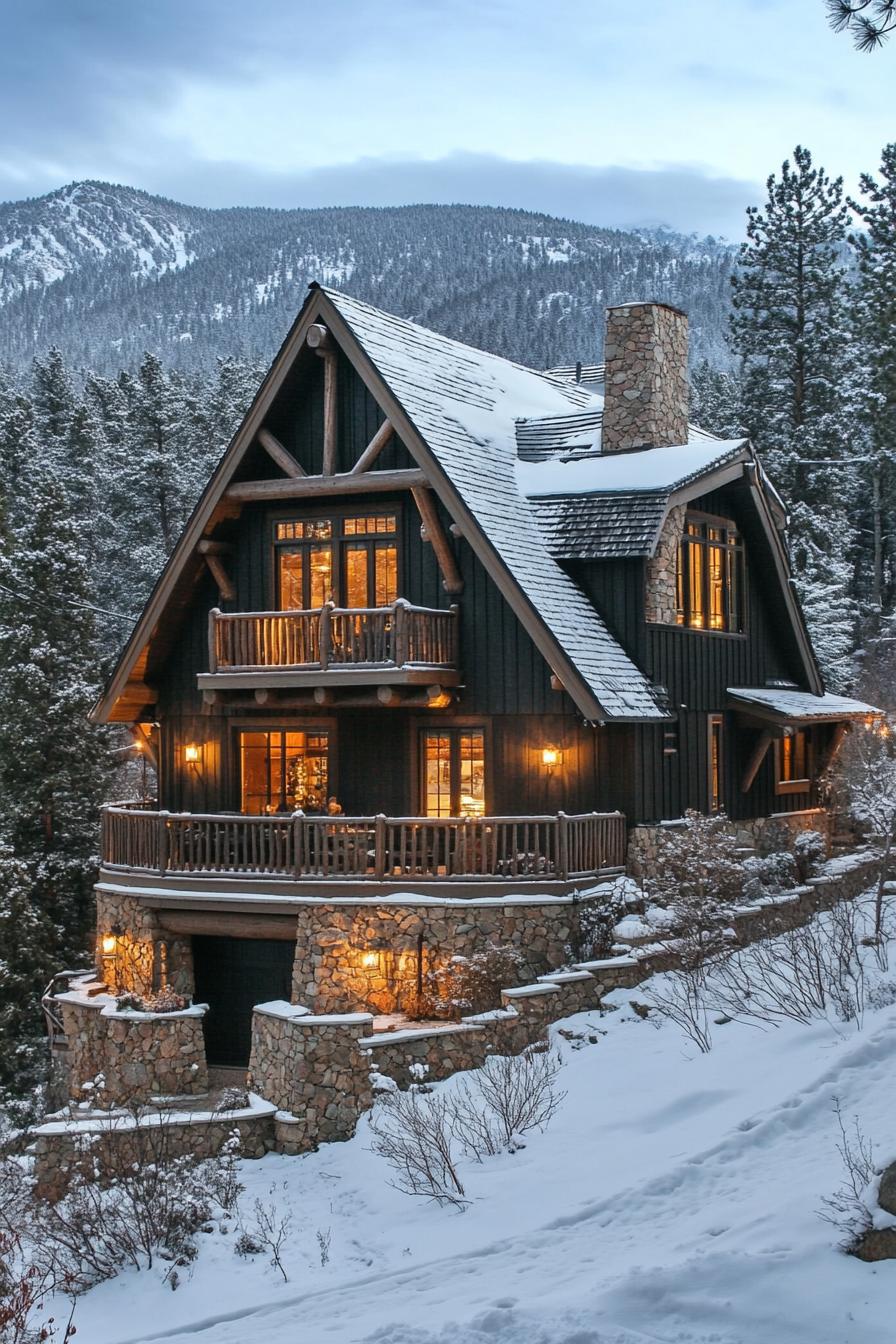 Rustic cabin amidst snowy pines and mountains