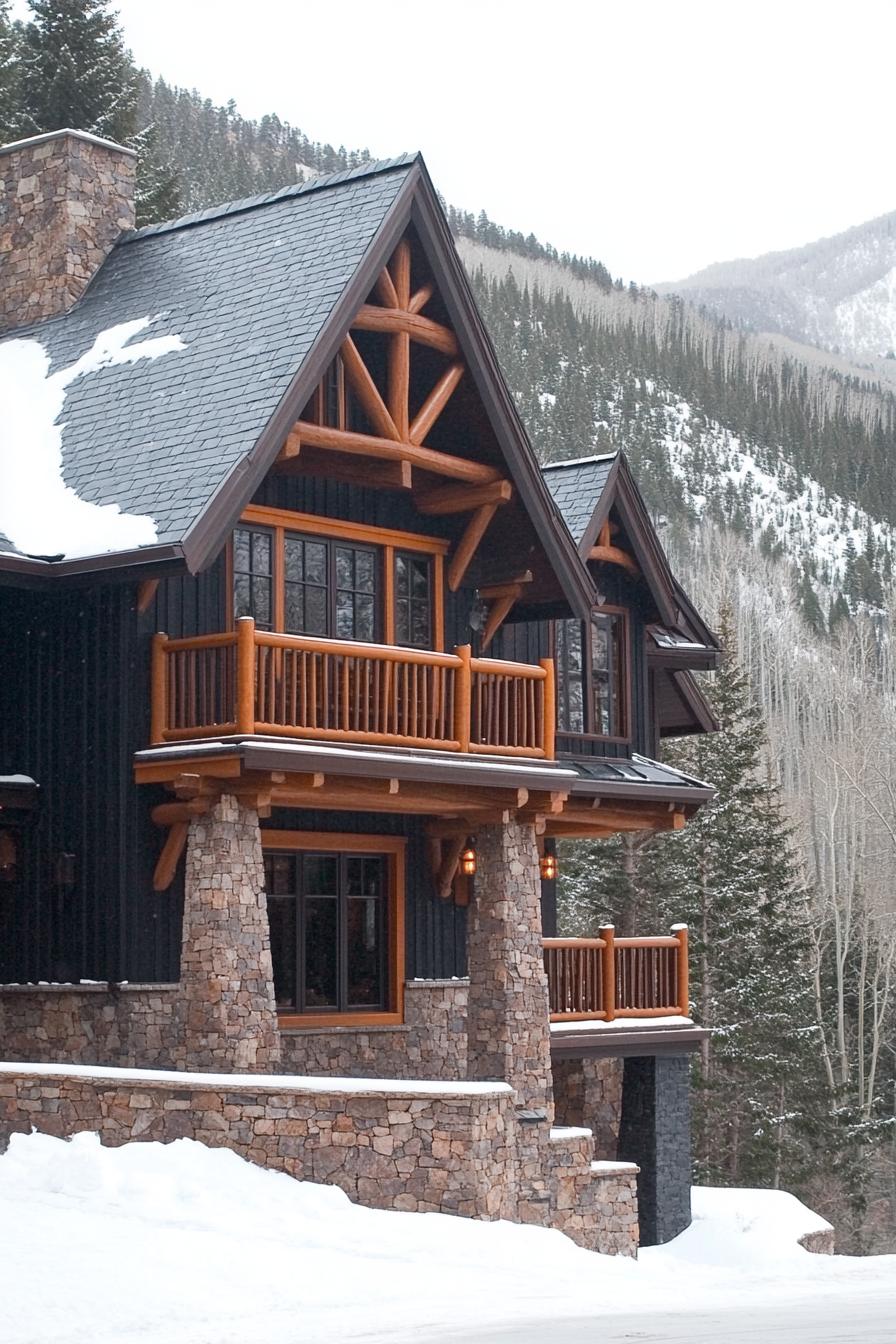 Charming mountain home with snowy roof and stone details