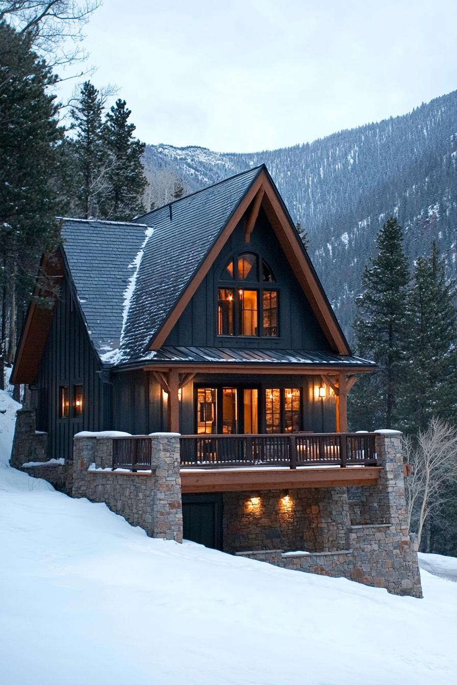 Cozy cabin with a gabled roof nestled in snowy woods