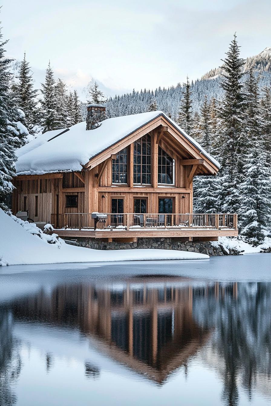 Wooden cabin beside a tranquil snowy lake