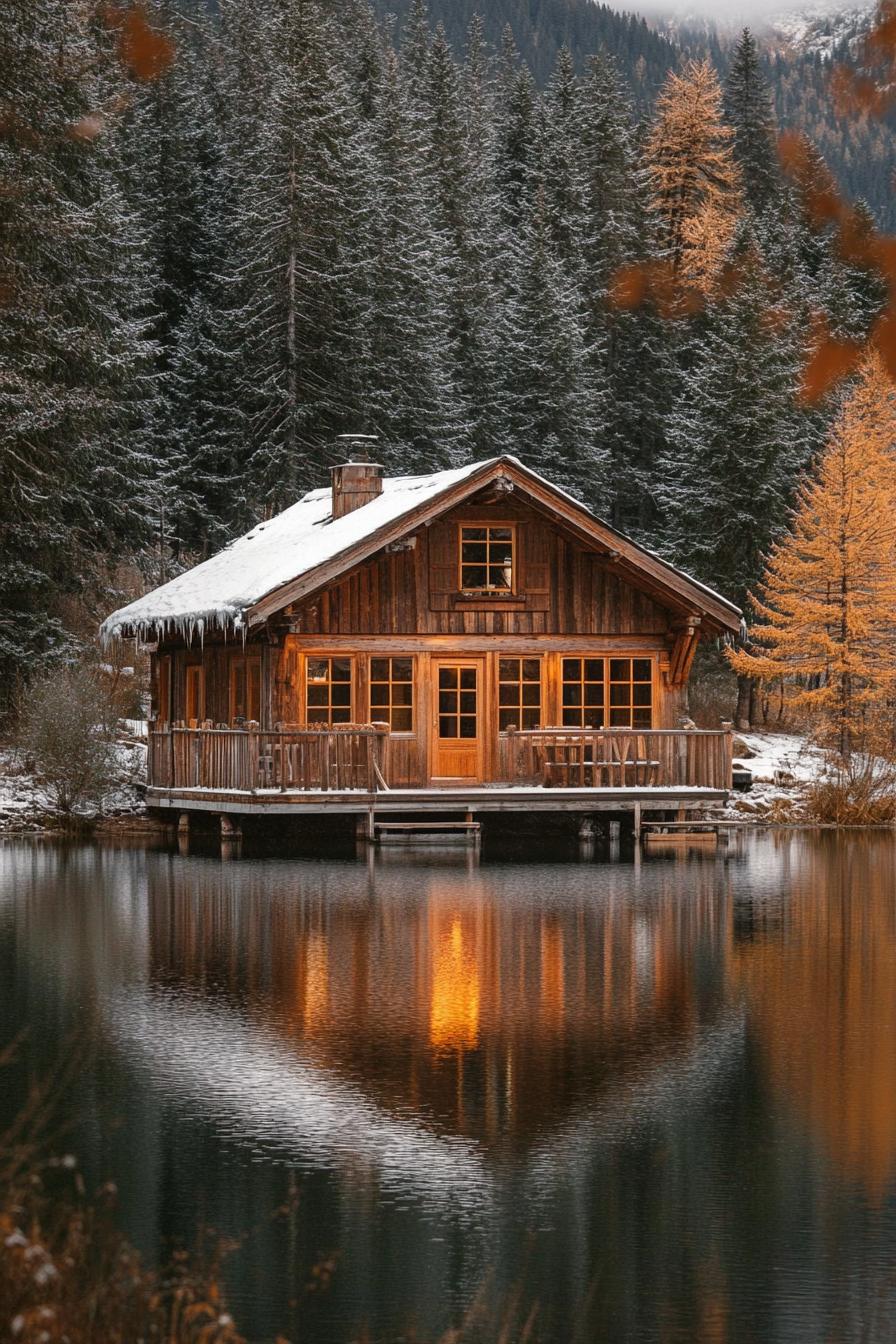 Cabin by a snowy lake reflecting warm lights