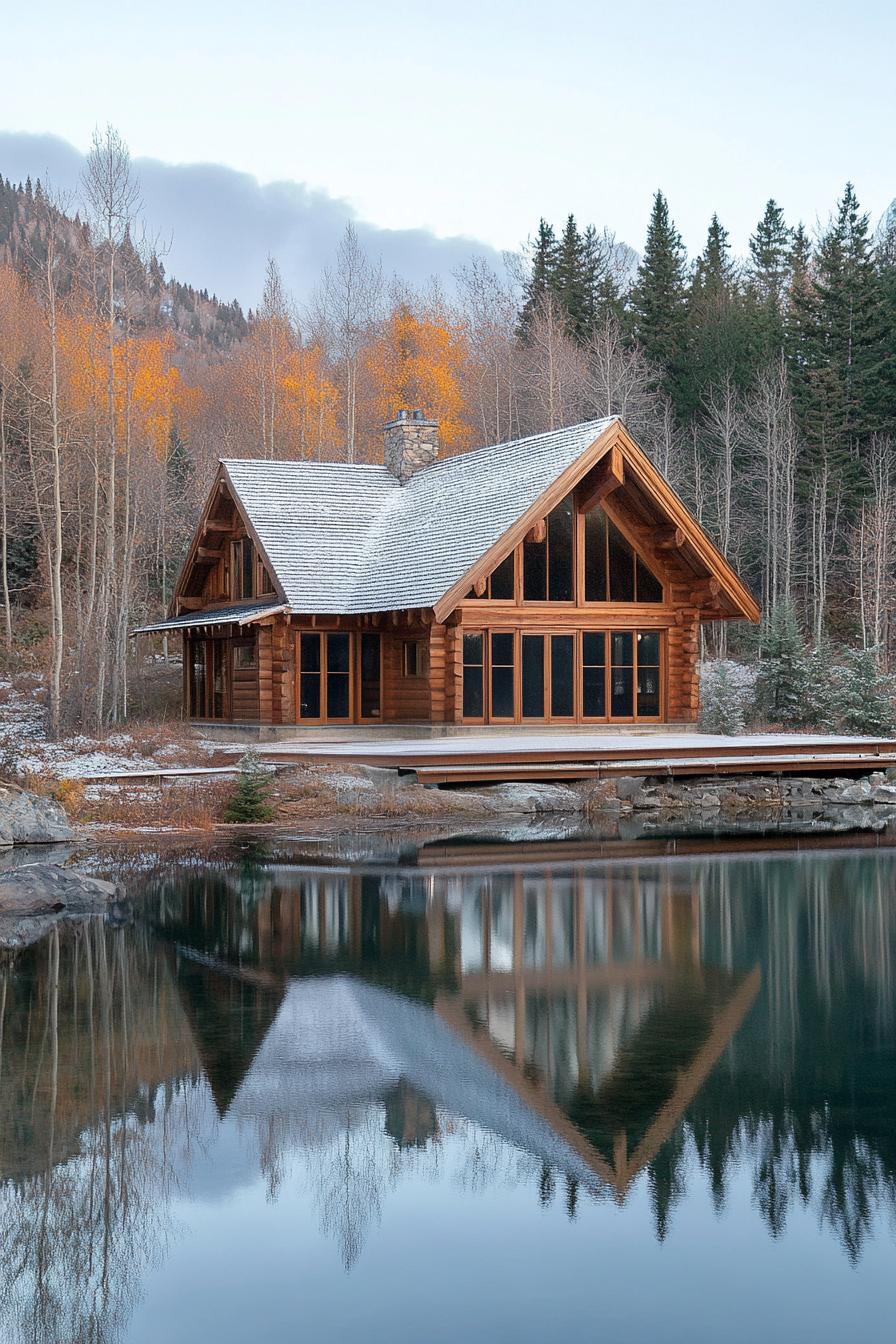 Log cabin beside a tranquil lake in a snowy setting