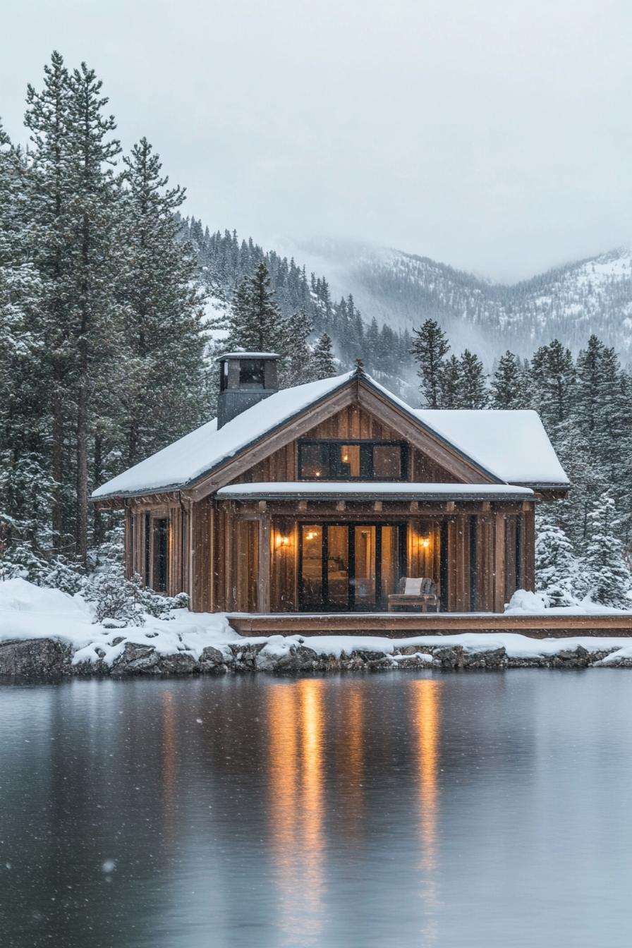 Wooden cabin by a serene snowy lake