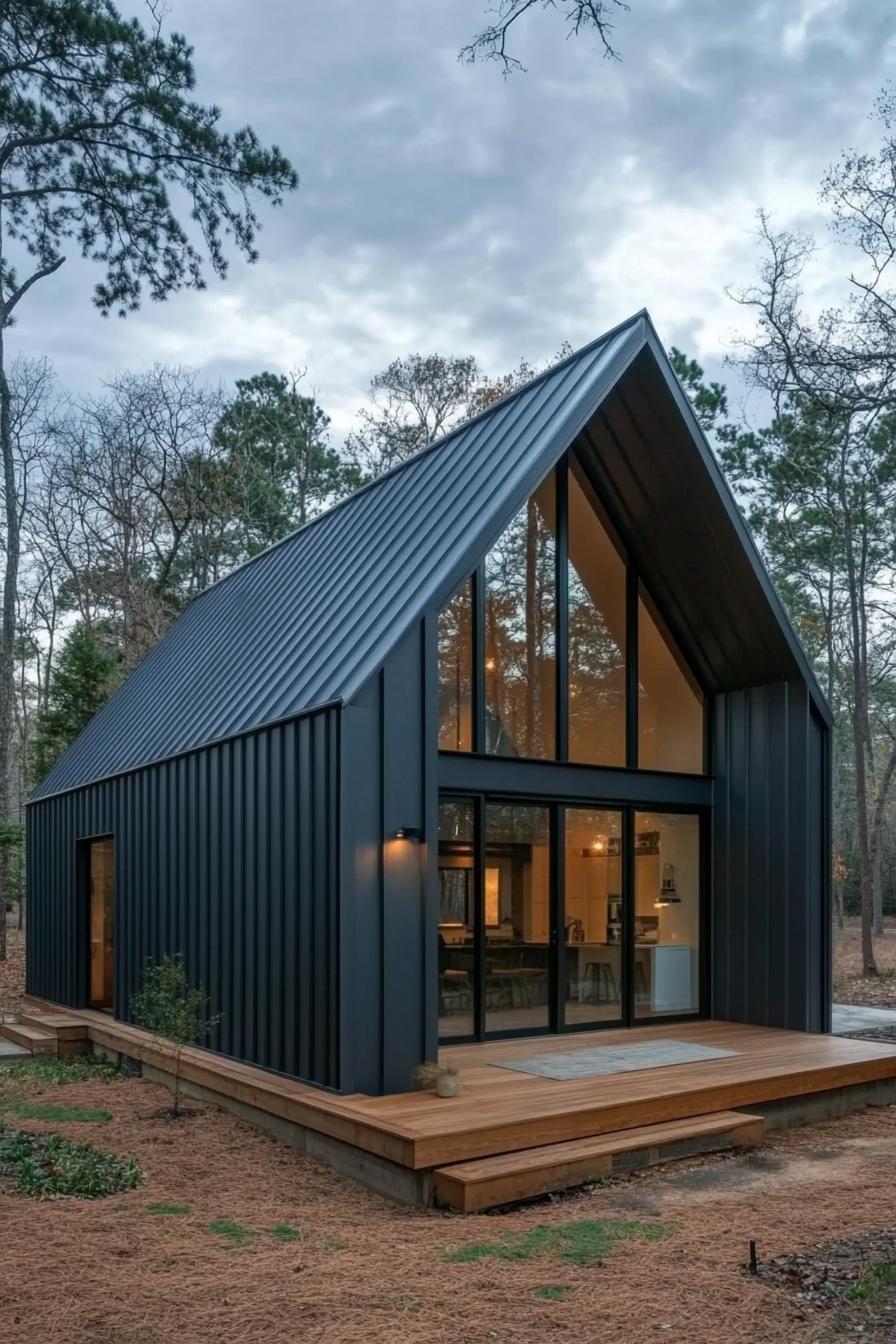 Small metal house with large windows and a sloped roof in a forest setting