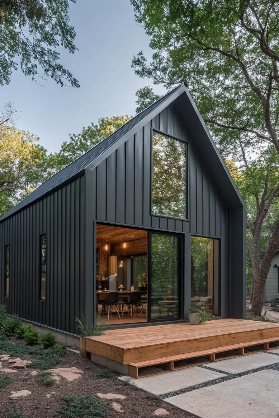 Compact metal house with a sharp roof nestled in a wooded area