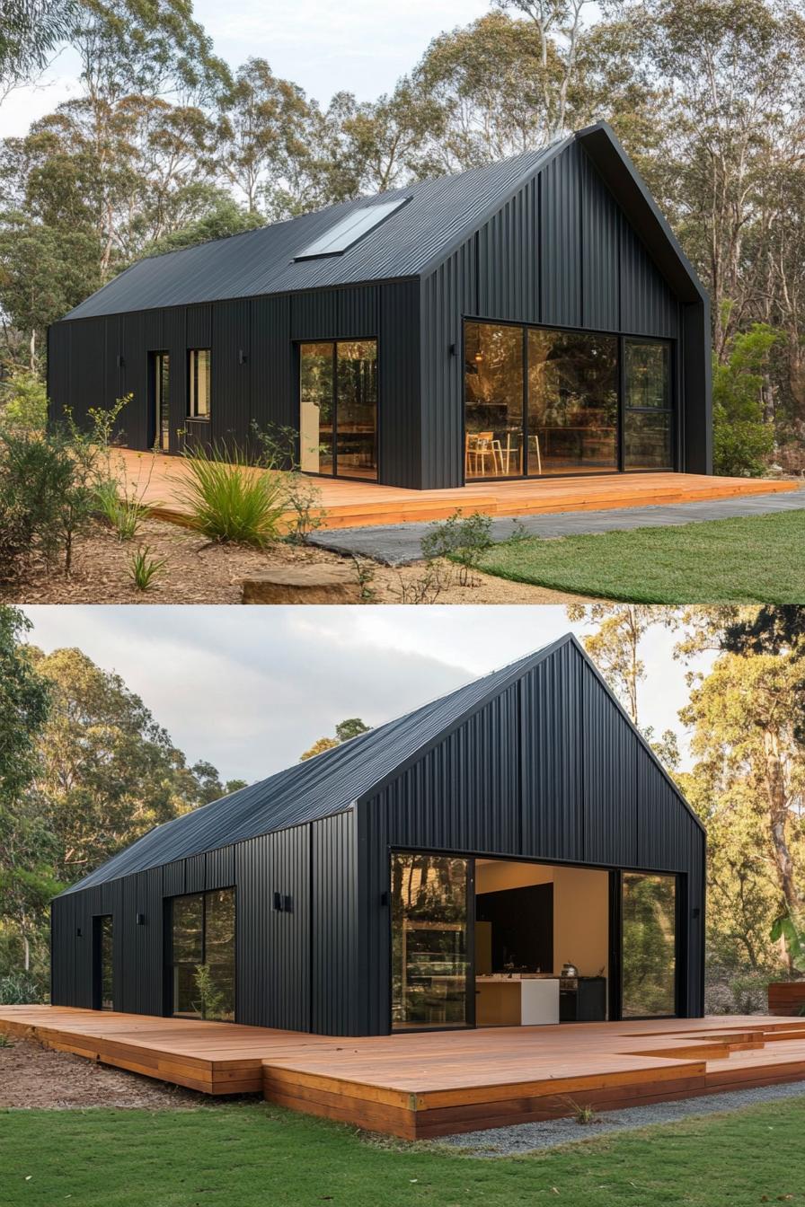 Compact metal house with wooden deck and large windows