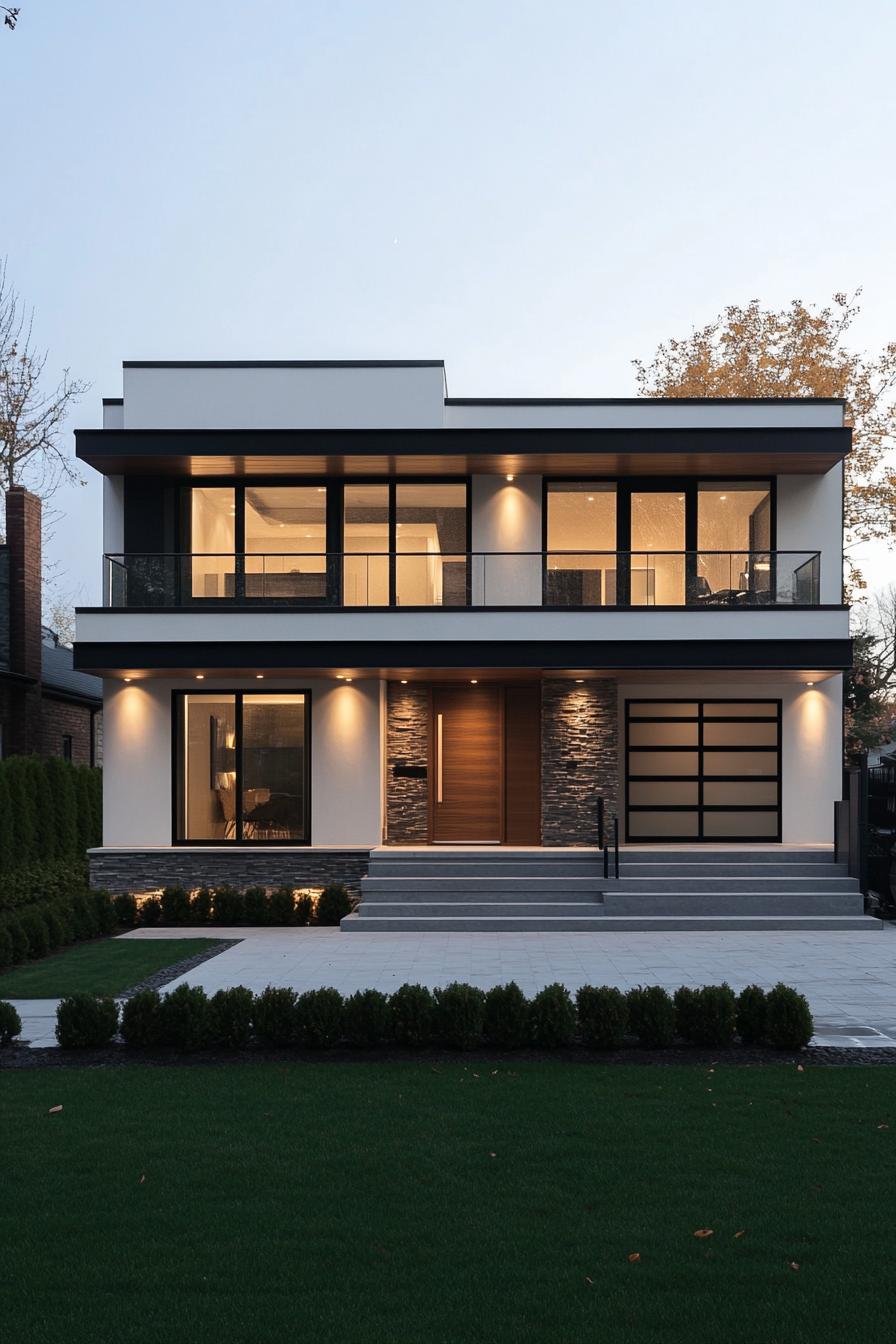 Modern house exterior with stone accents and large windows