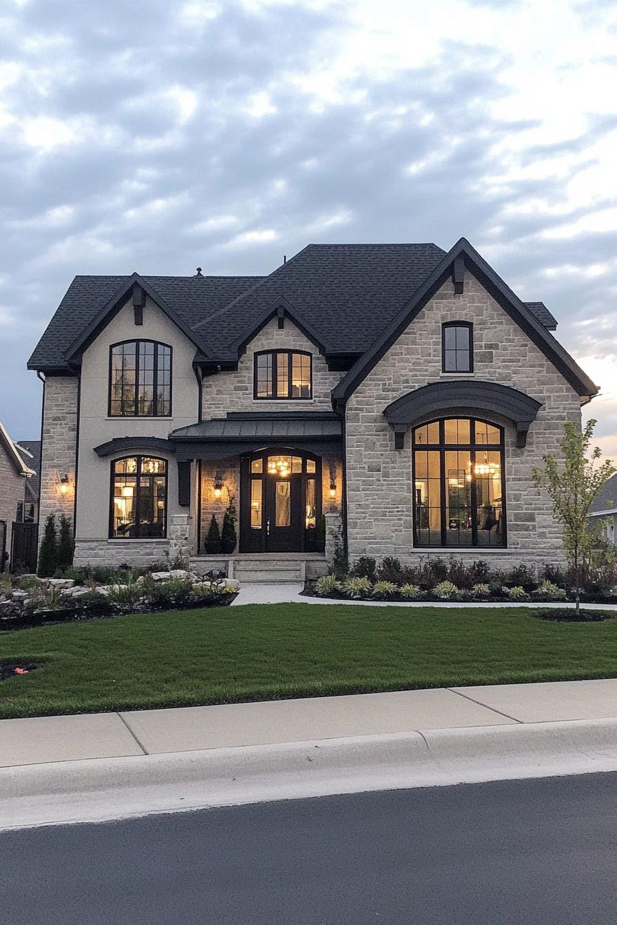 A grand house with stone facade and arched windows