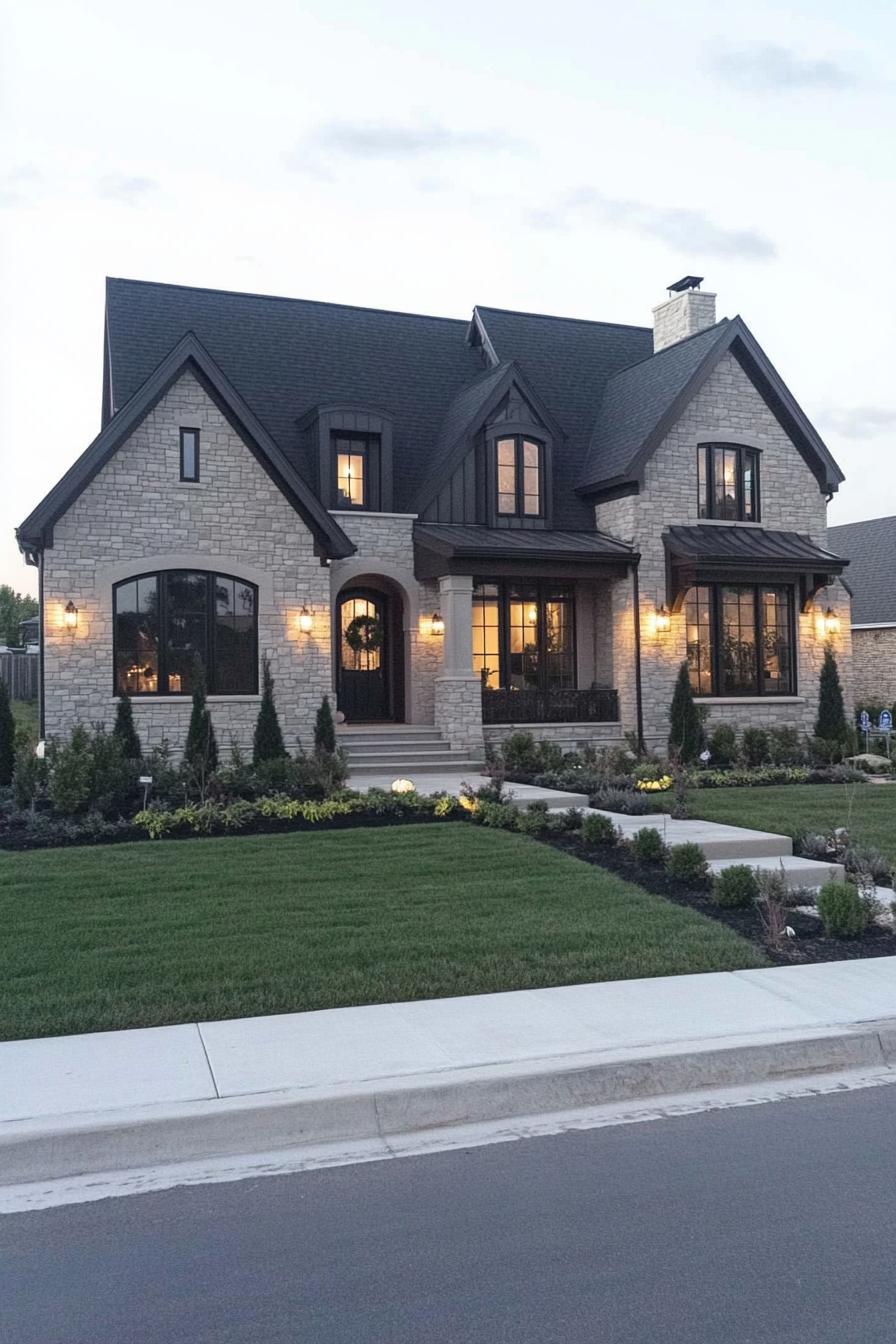 Charming stone house with glowing lights and manicured lawn