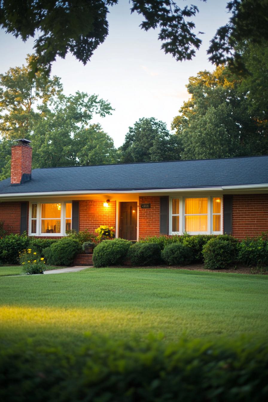 Warm light glowing from a brick ranch house at dusk