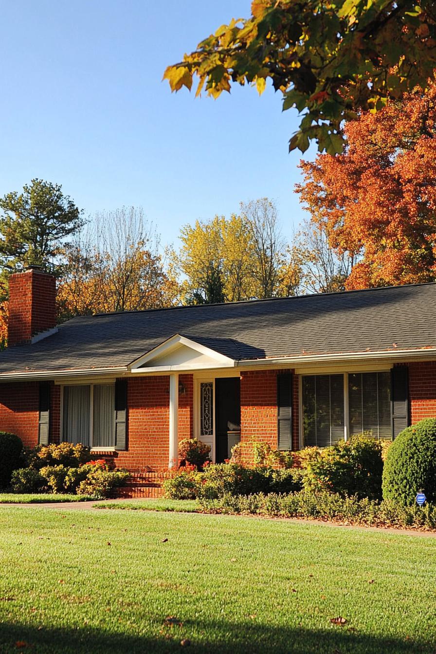 Red brick ranch house with autumn leaves