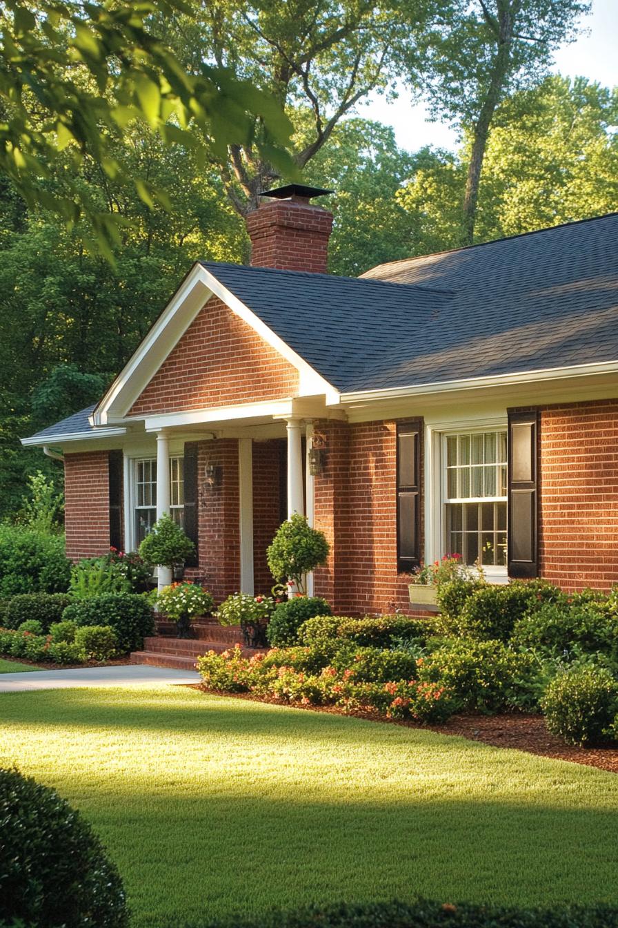 Front view of a brick ranch house with lush landscaping