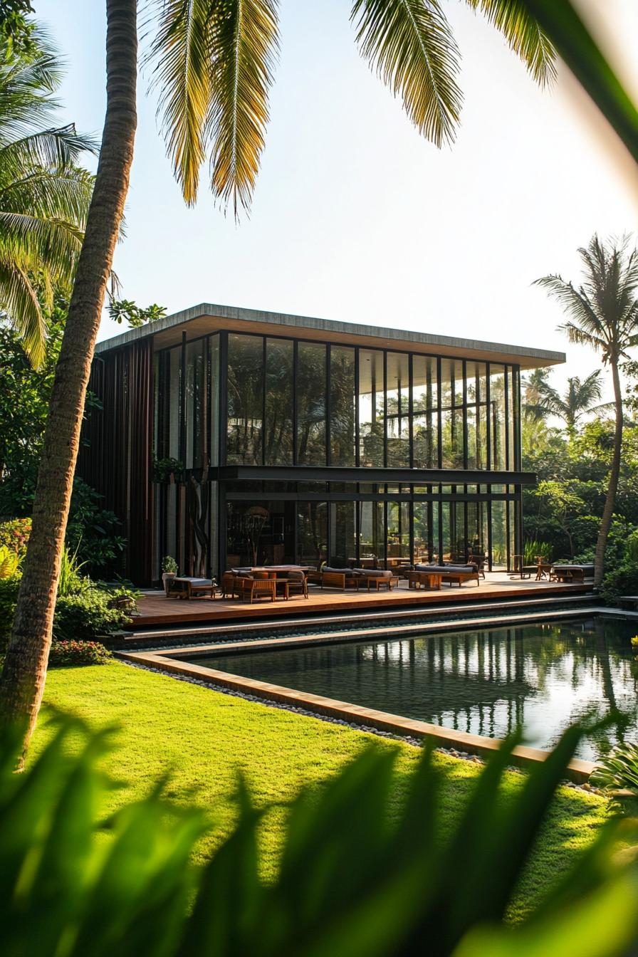 Modern tropical villa with glass walls and a pool