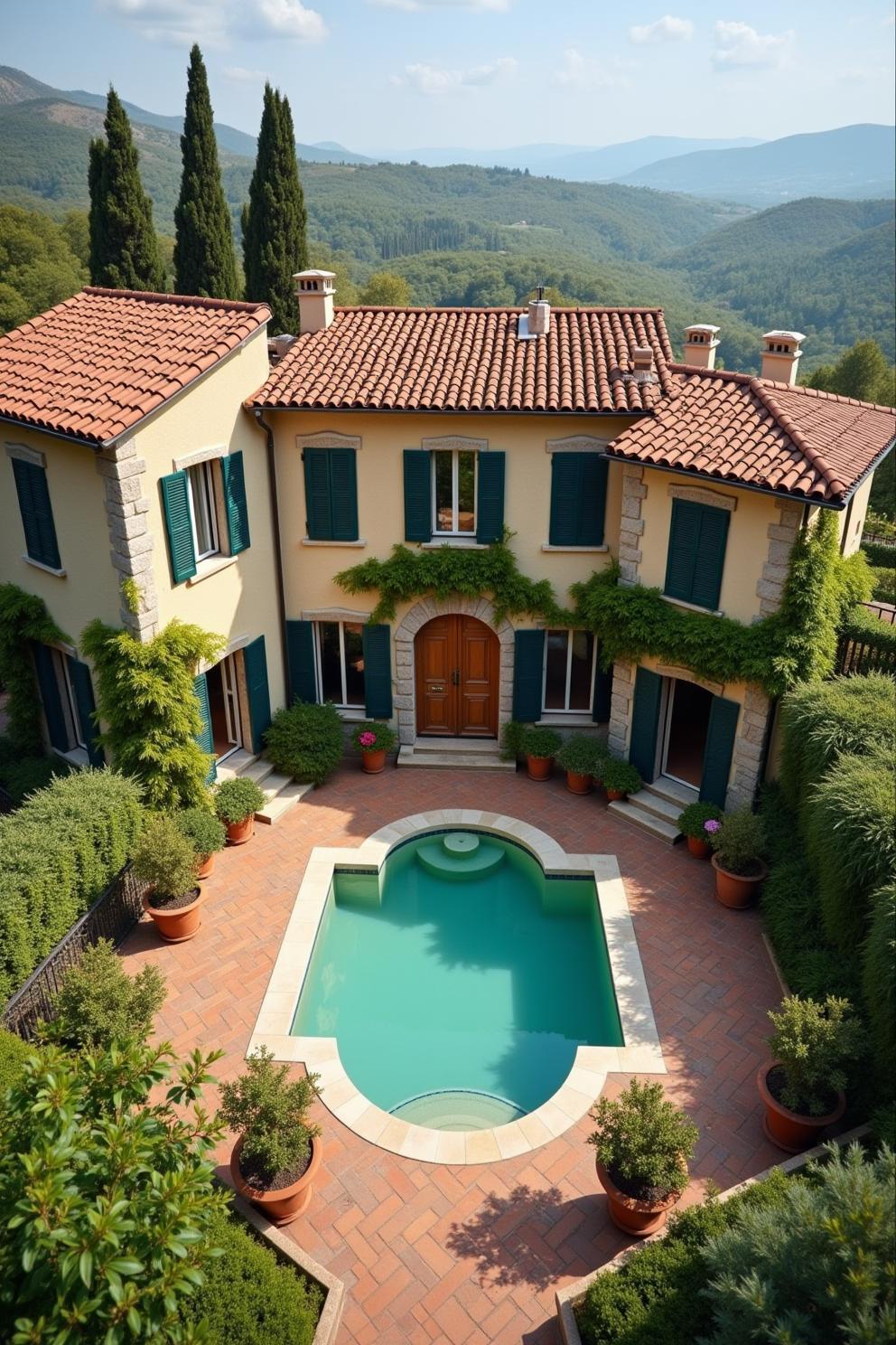 Tuscan villa with pool surrounded by lush greenery