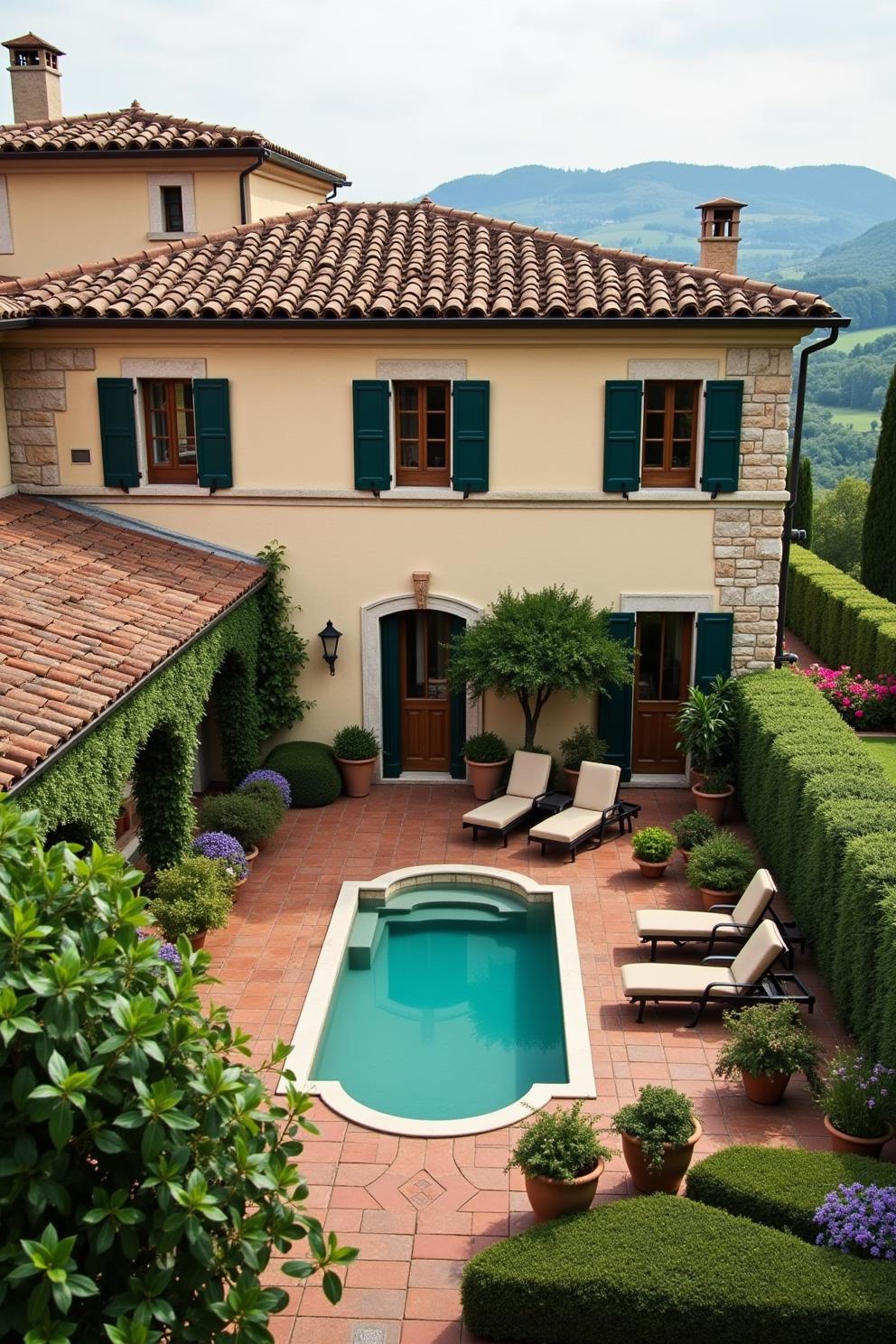 Sunny courtyard with a small pool and greenery