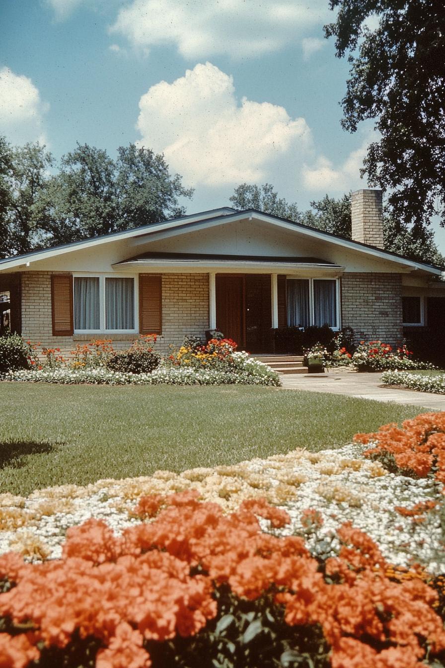 Brick ranch house with colorful flowers and green lawn