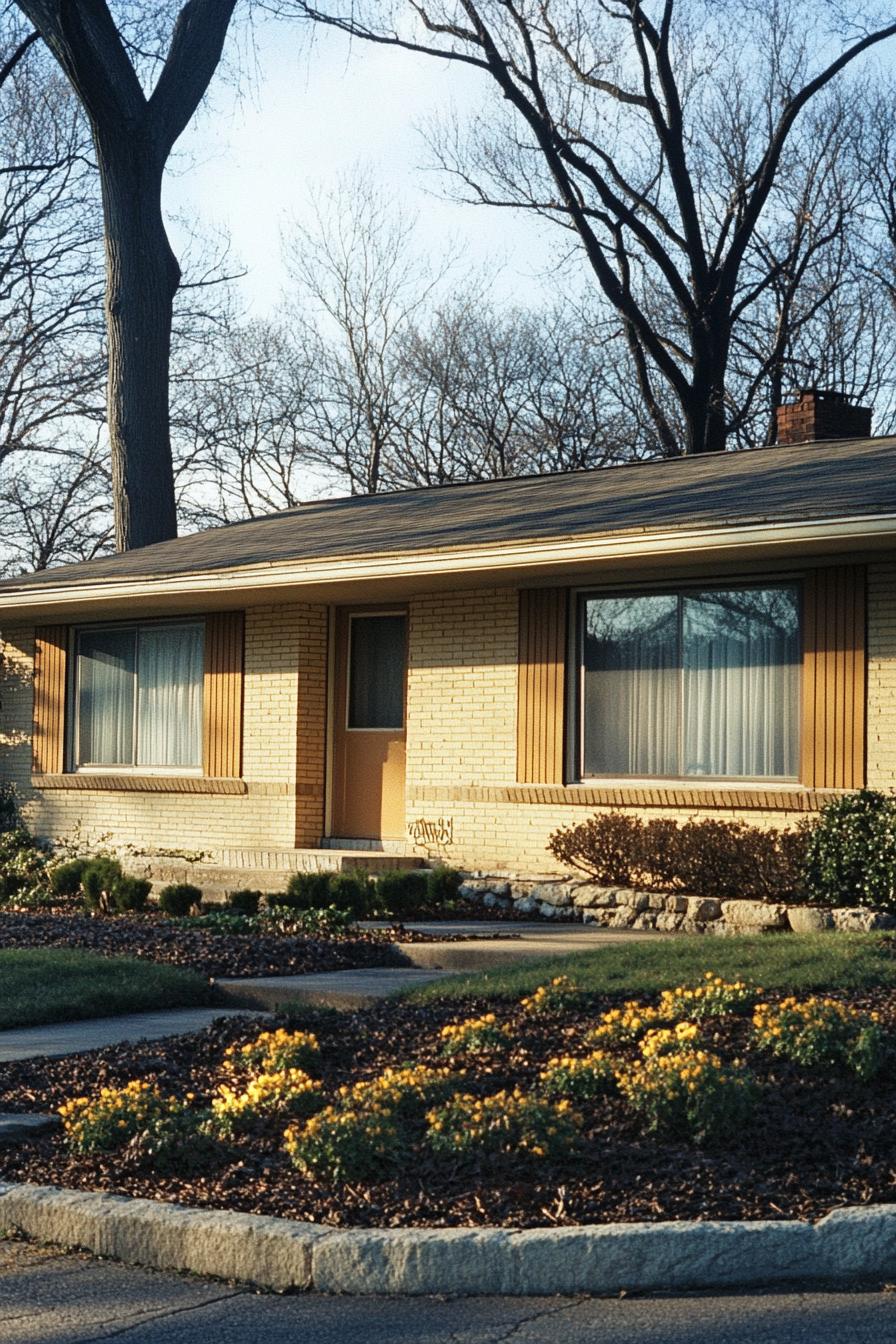 Single-story brick house with large windows and yard