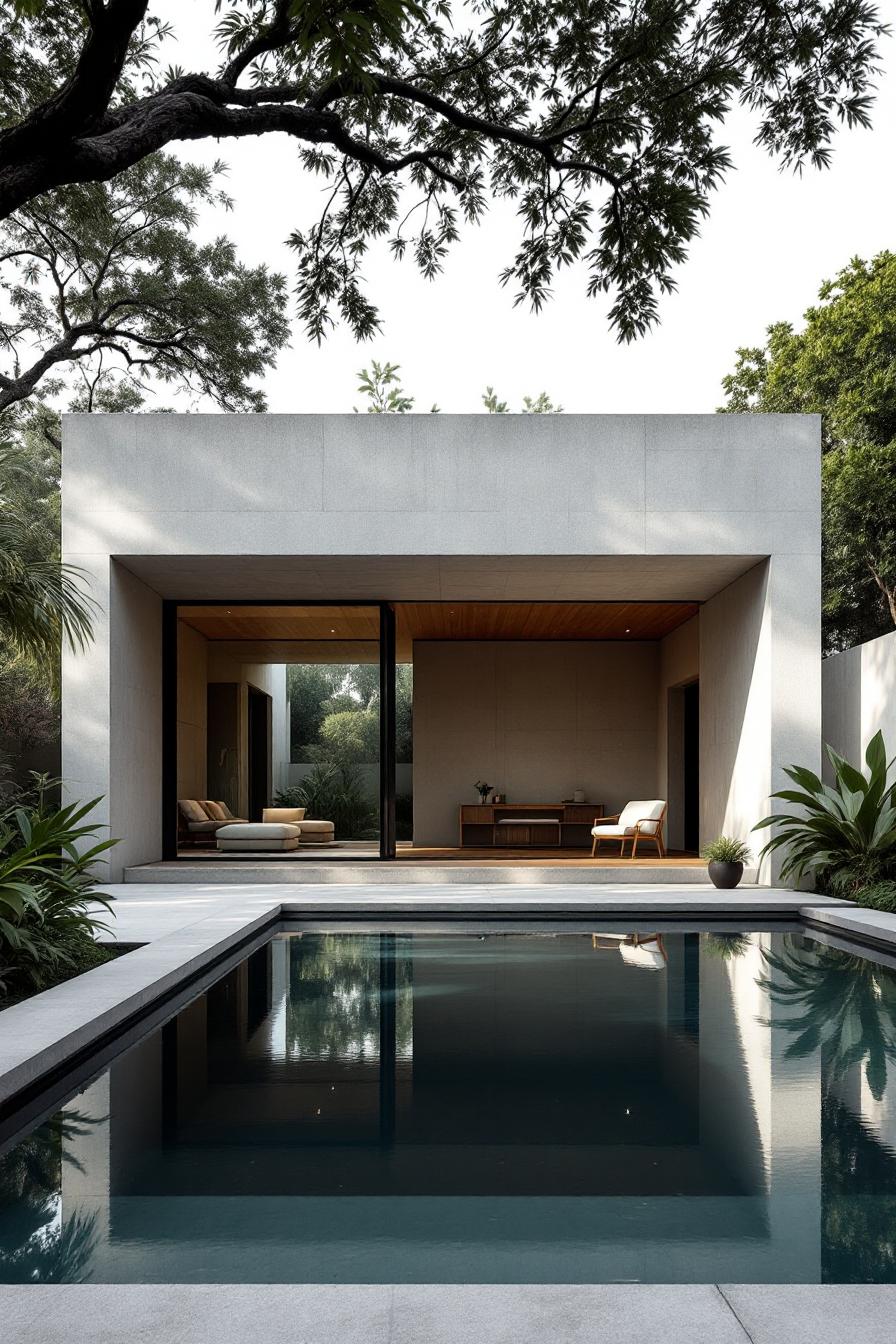 Modern concrete house with a pool and lush greenery