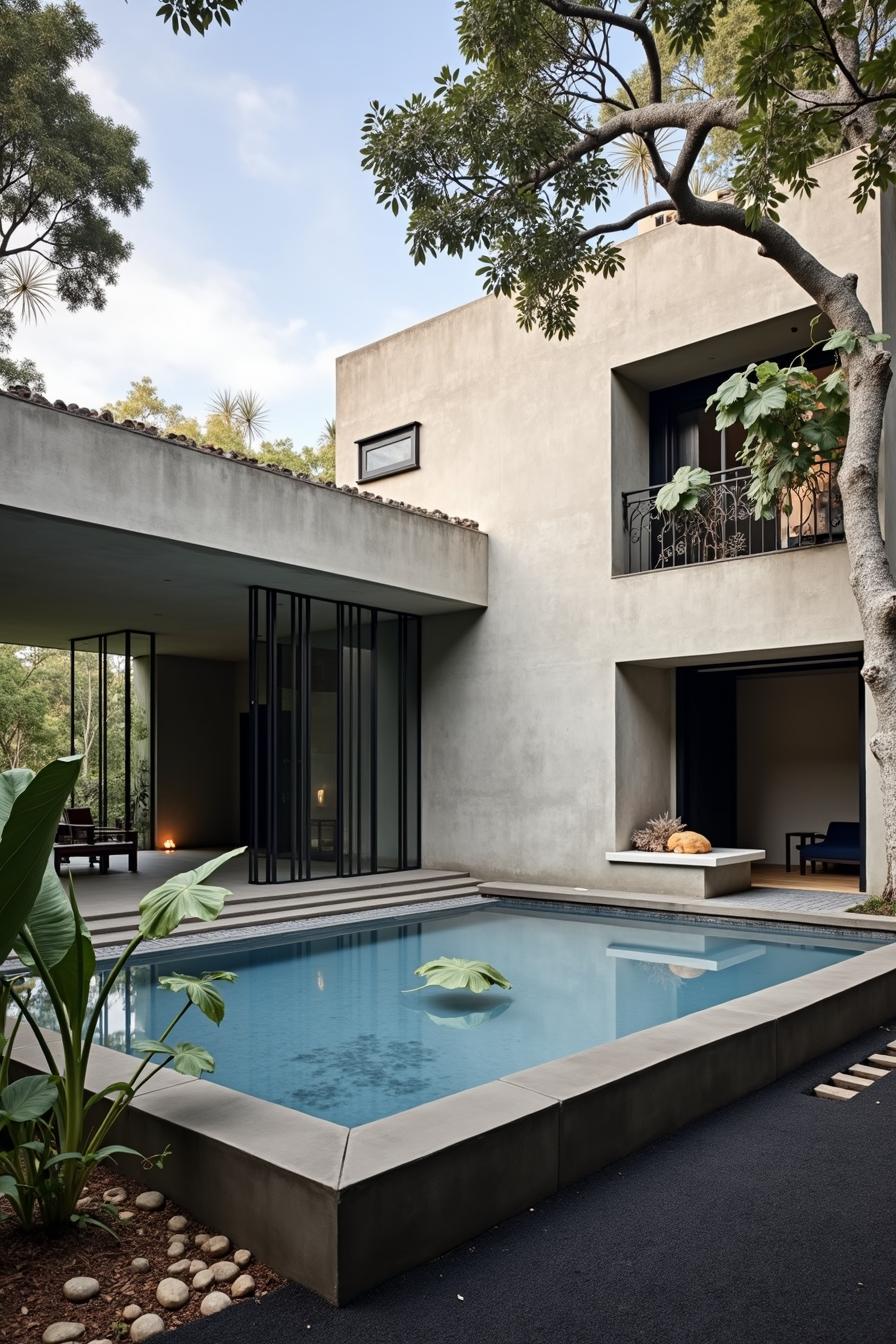 Brutalist house with a serene pool surrounded by lush greenery