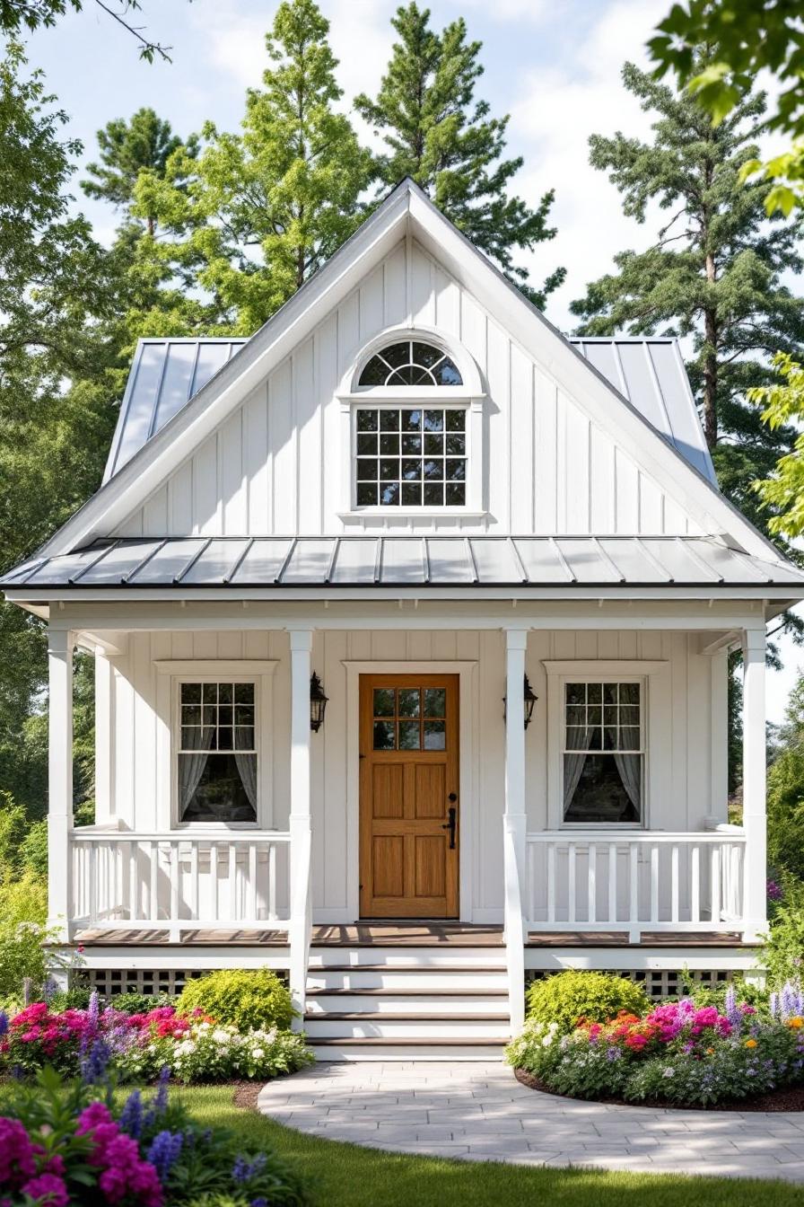 White cottage with arched window and flowers