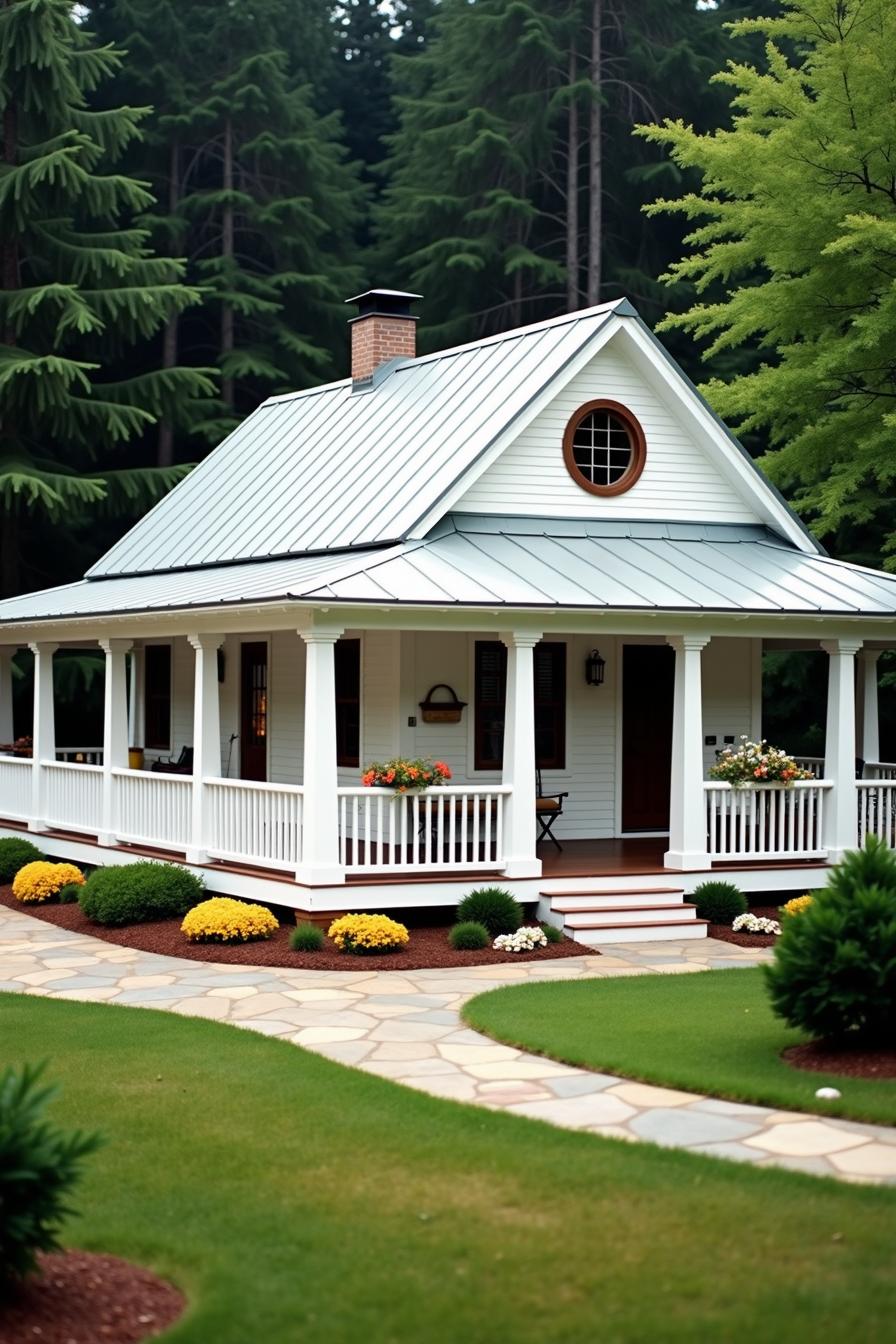 White house with wrap-around porch and circular window