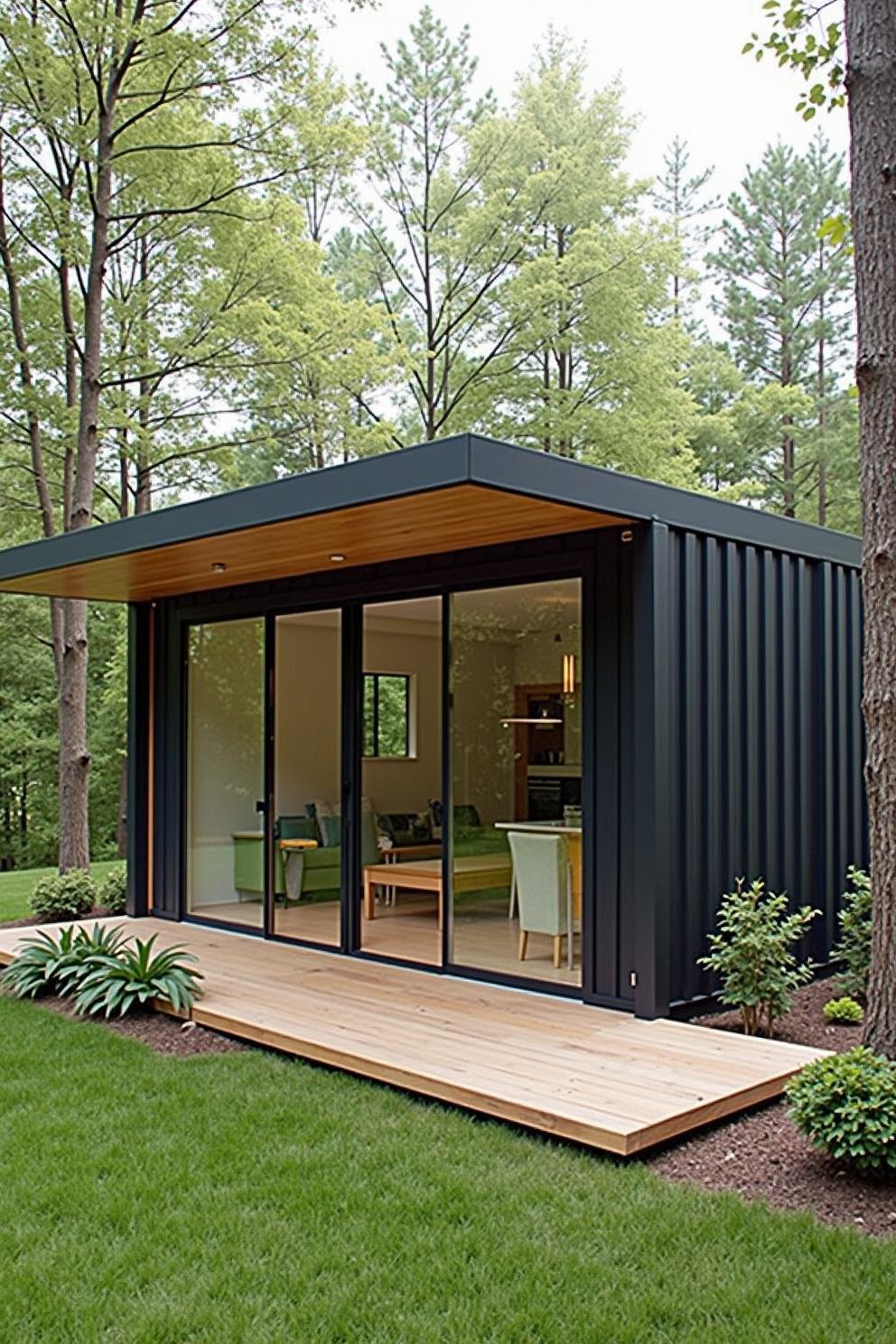 Compact black container home with sliding glass doors