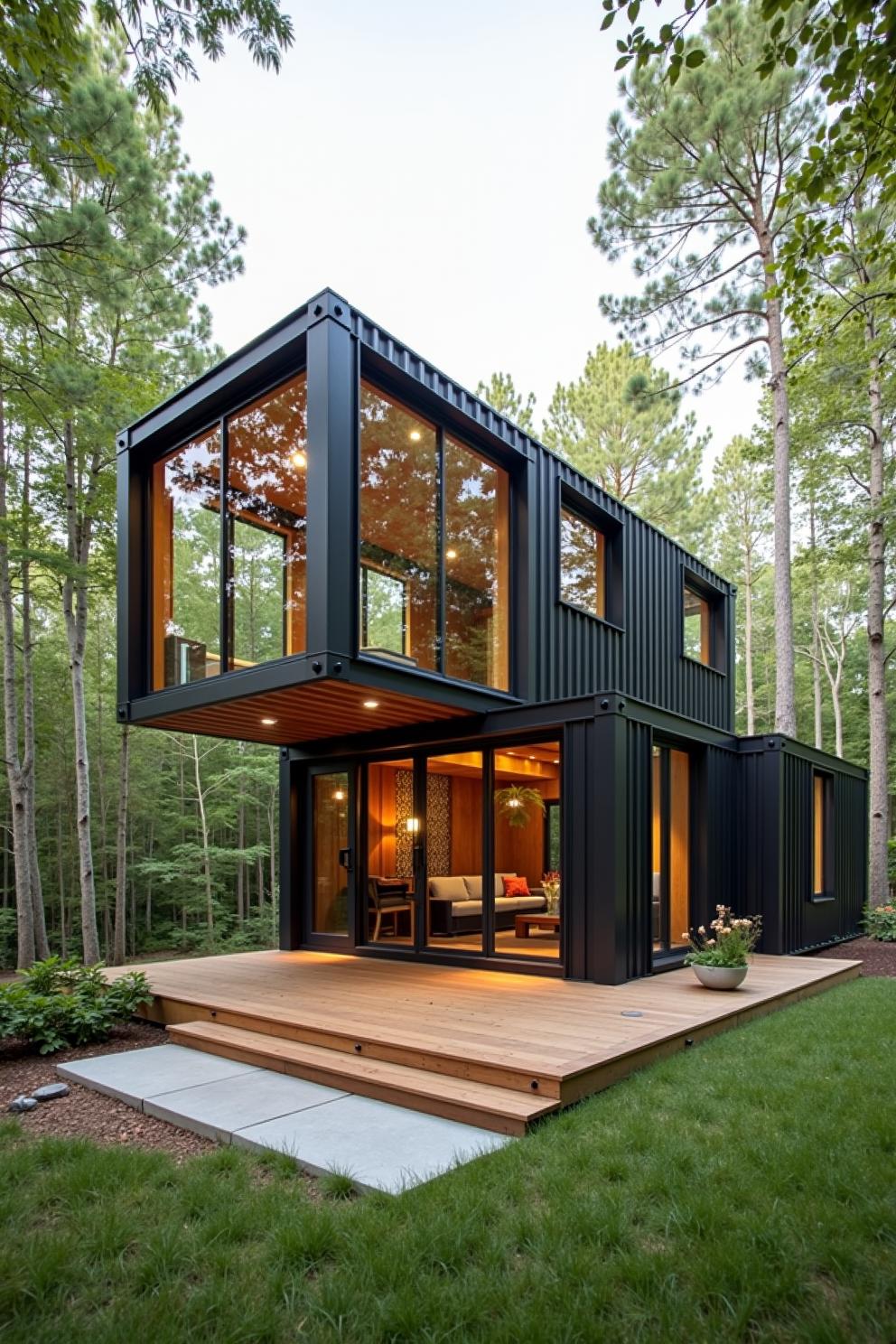 Modern container house amidst lush greenery