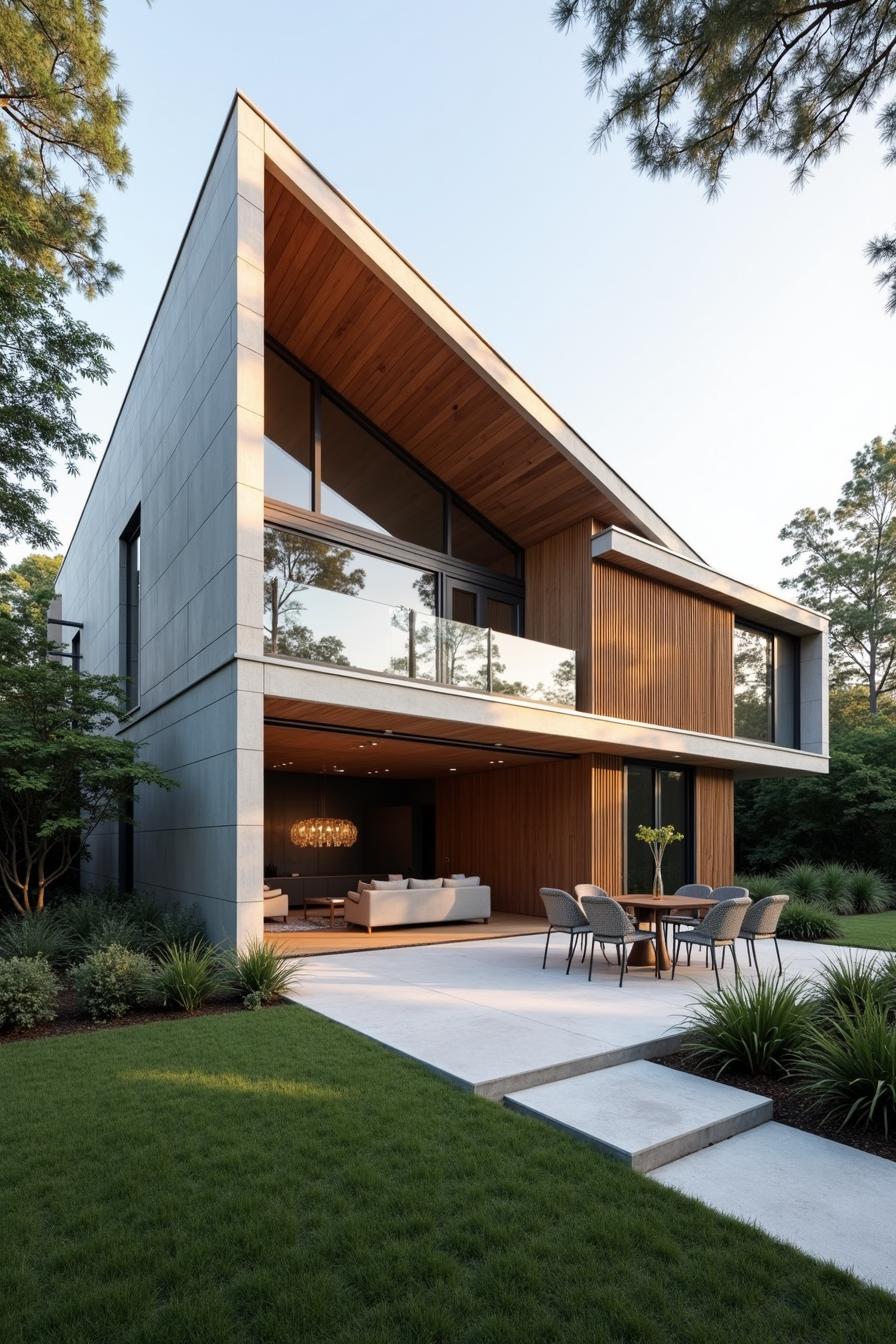 Modern house with sloped roof and outdoor seating