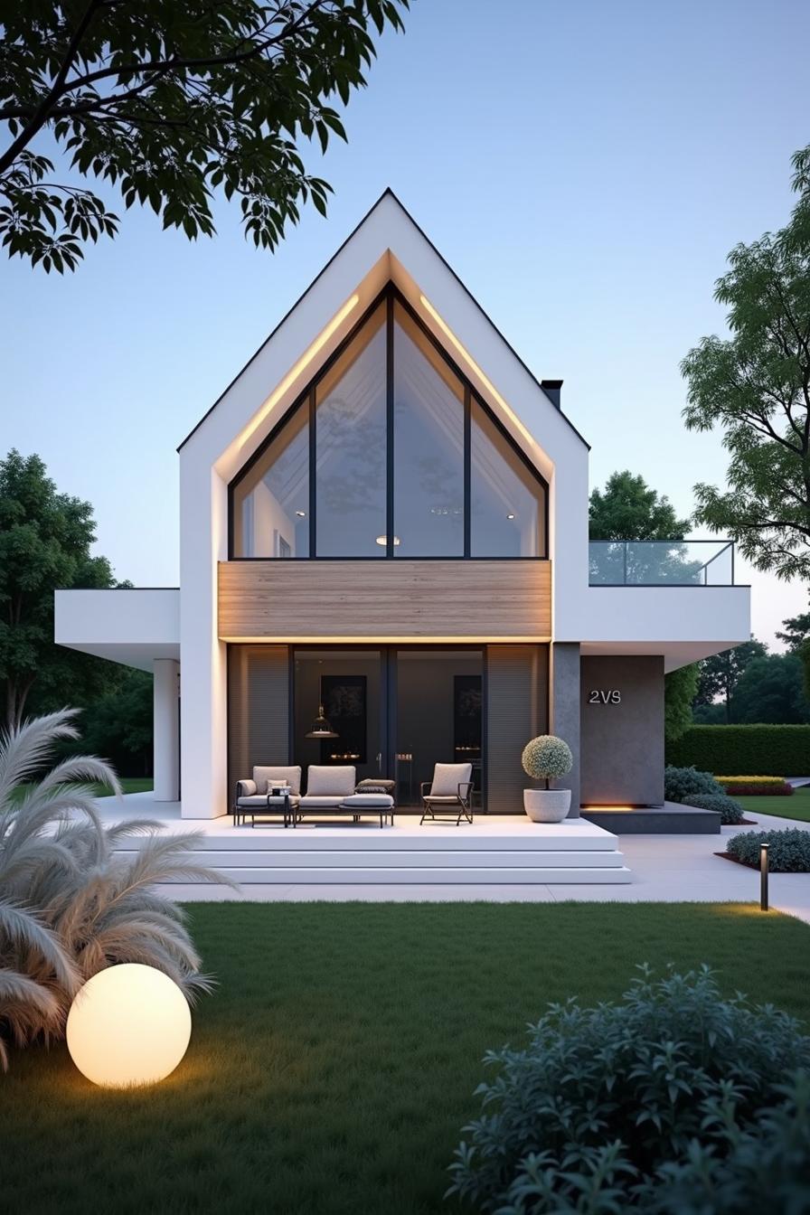 Sleek, triangular-roof home with large windows and wood accents